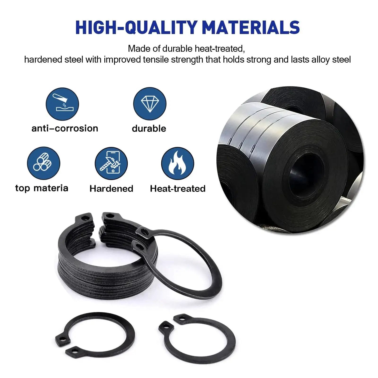 Close-up of heat-treated alloy steel snap rings from External Circlip Snap Ring Kit 500 Pcs, showcasing durability and corrosion resistance.