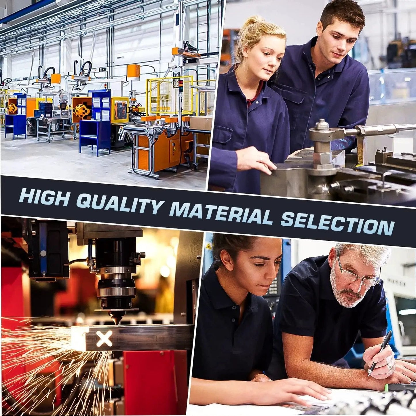 Collage of manufacturing processes and engineers discussing materials selection