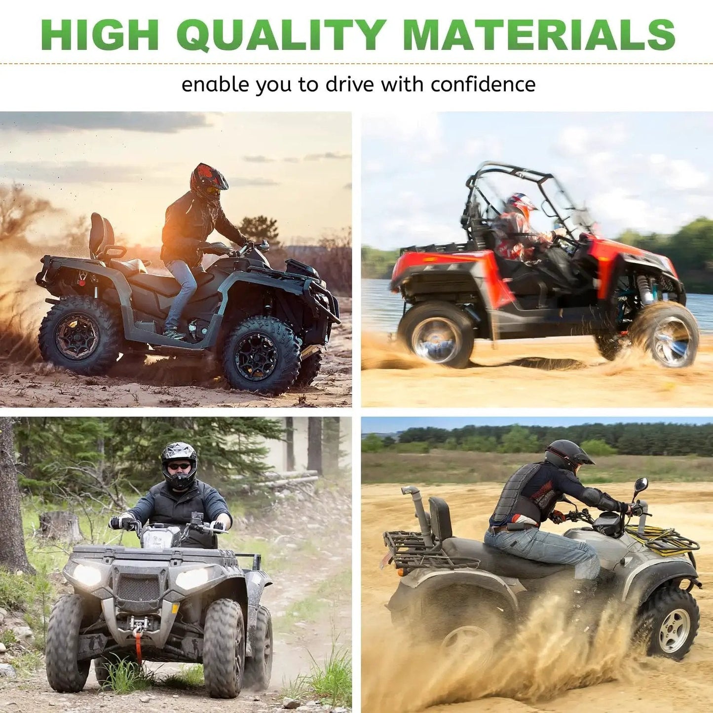ATVs with riders using high-quality materials for enhanced performance in various terrains and conditions