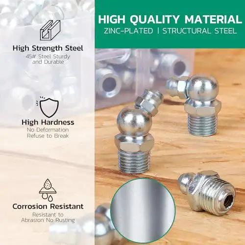 Must-Have All-In-One Grease Fittings Assortment Kit with high strength steel fittings, showing zinc-plated zerk fittings and durability features.