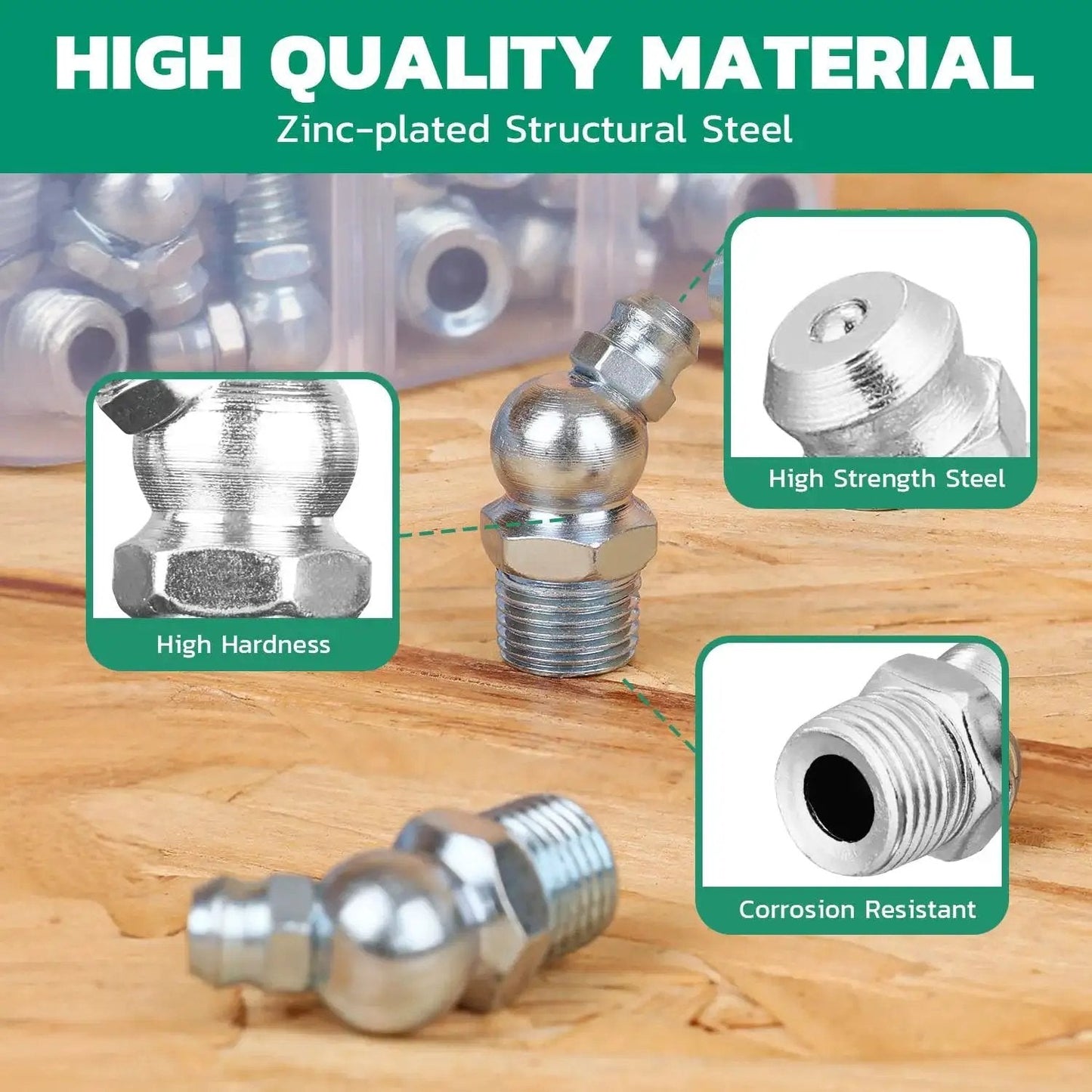High-quality zinc-plated structural steel grease fittings from the Grease Fittings Kit Fifty Pack One Quarter Inch Twenty Eight SAE Zerk 90 Degree Fittings with Caps and Nine Millimeter Wrench for Grease Gun Durable Galvanized Steel Ideal for Tight Spaces and Home Mechanic Maintenance, showcasing high strength and corrosion resistance.