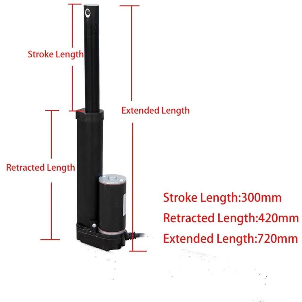12 Inch 12" High Speed 14mm/s Linear Actuator Motor 1000N DC12V with Mounting Brackets showing stroke and length measurements.