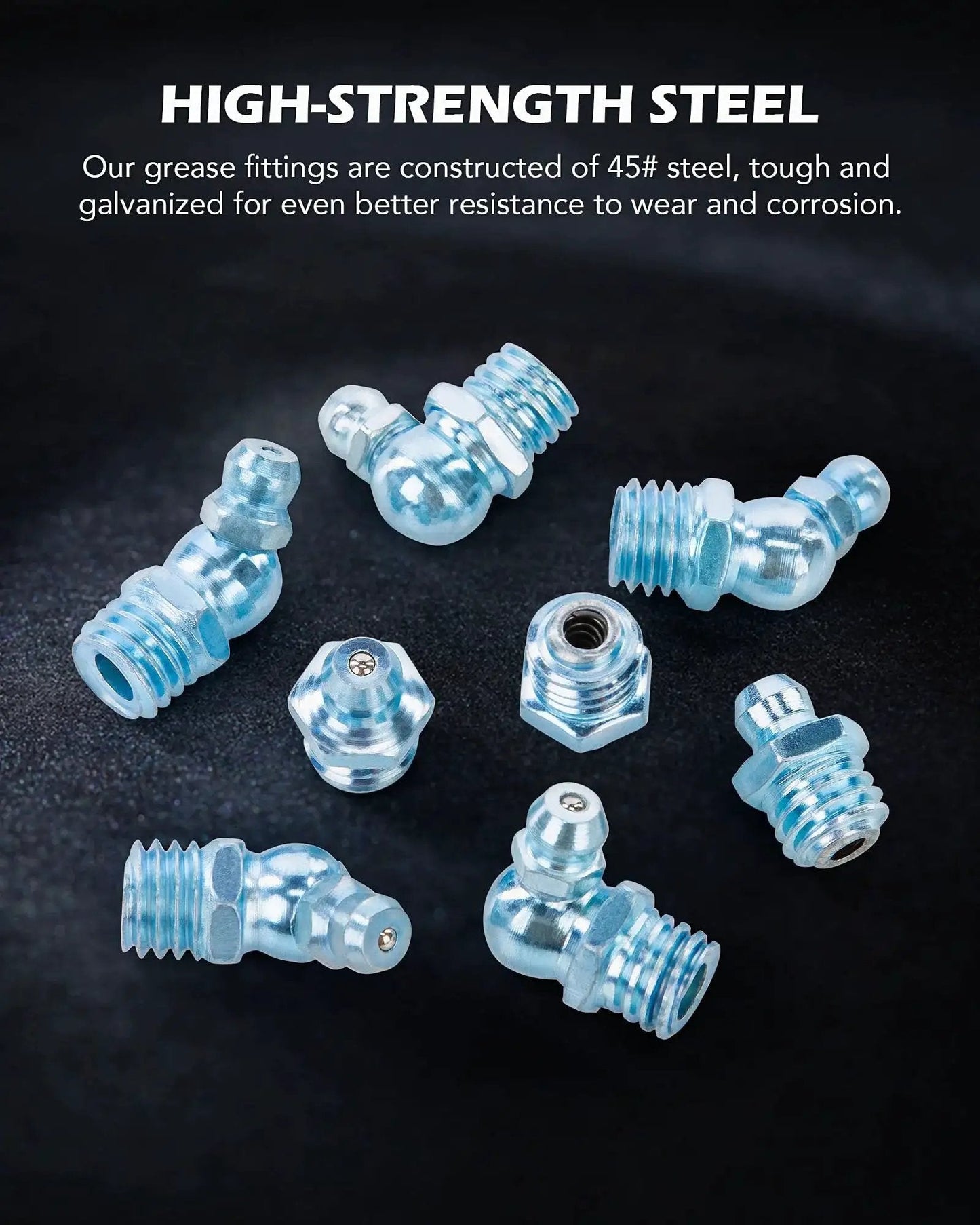 Grease Fittings Kit 150 Piece SAE Hydraulic Zerk Assortment with galvanized steel, straight and angled fittings on black background
