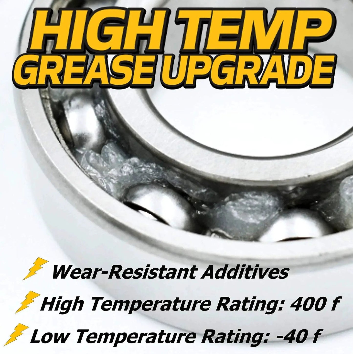Close-up of high-temp grease bearing with text highlighting wear resistance and temperature ratings for Beefed-Up Front Wheel Bearing Kit Four Pack With C3 High Temp Grease Upgrade For John Deere Gator Turf E Gator TE TH TS Military 6x4 4x2 Trail AM102888 Built For Tough Jobs And Smooth, Lasting Performance HD Switch.