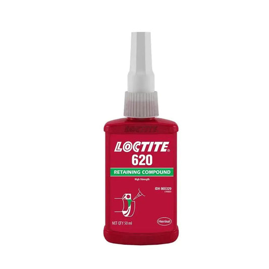 Bottle of Loctite 620 Retaining Compound, 50 ml, for metal assemblies, used in high-temperature applications.