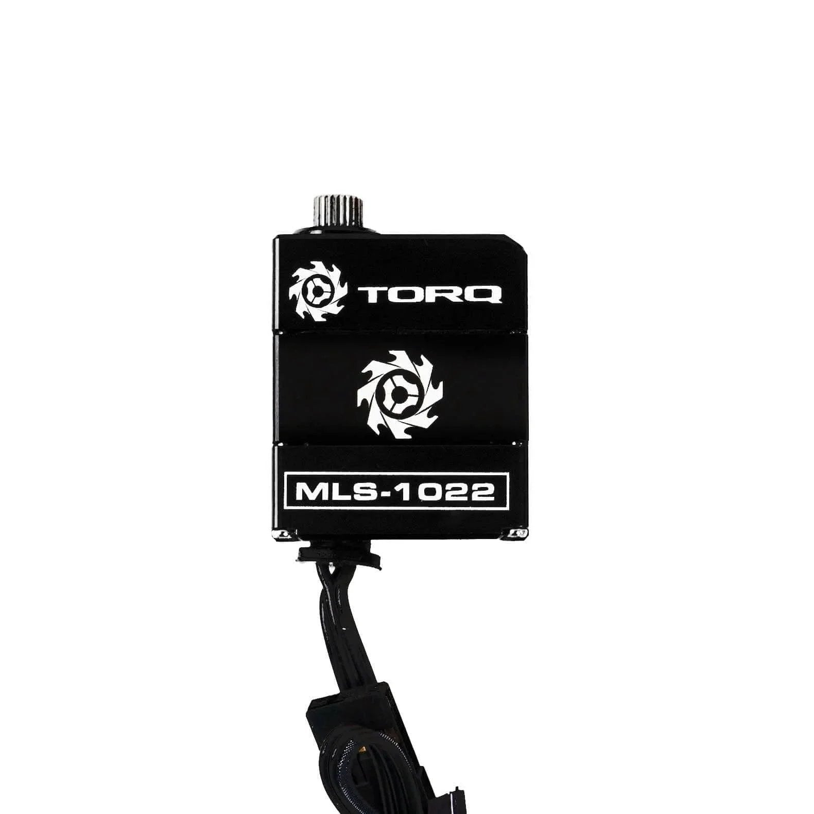 High Torque Micro Servo 5.0V - 8.4V with CNC Servo Mounts & Arms - Remote Control Car, RC Car, RC Crawler Axial SCX24 Electronics Upgrades RC Servos (HELIDIRECT) (Black) front view showing TORQ branding and wires.