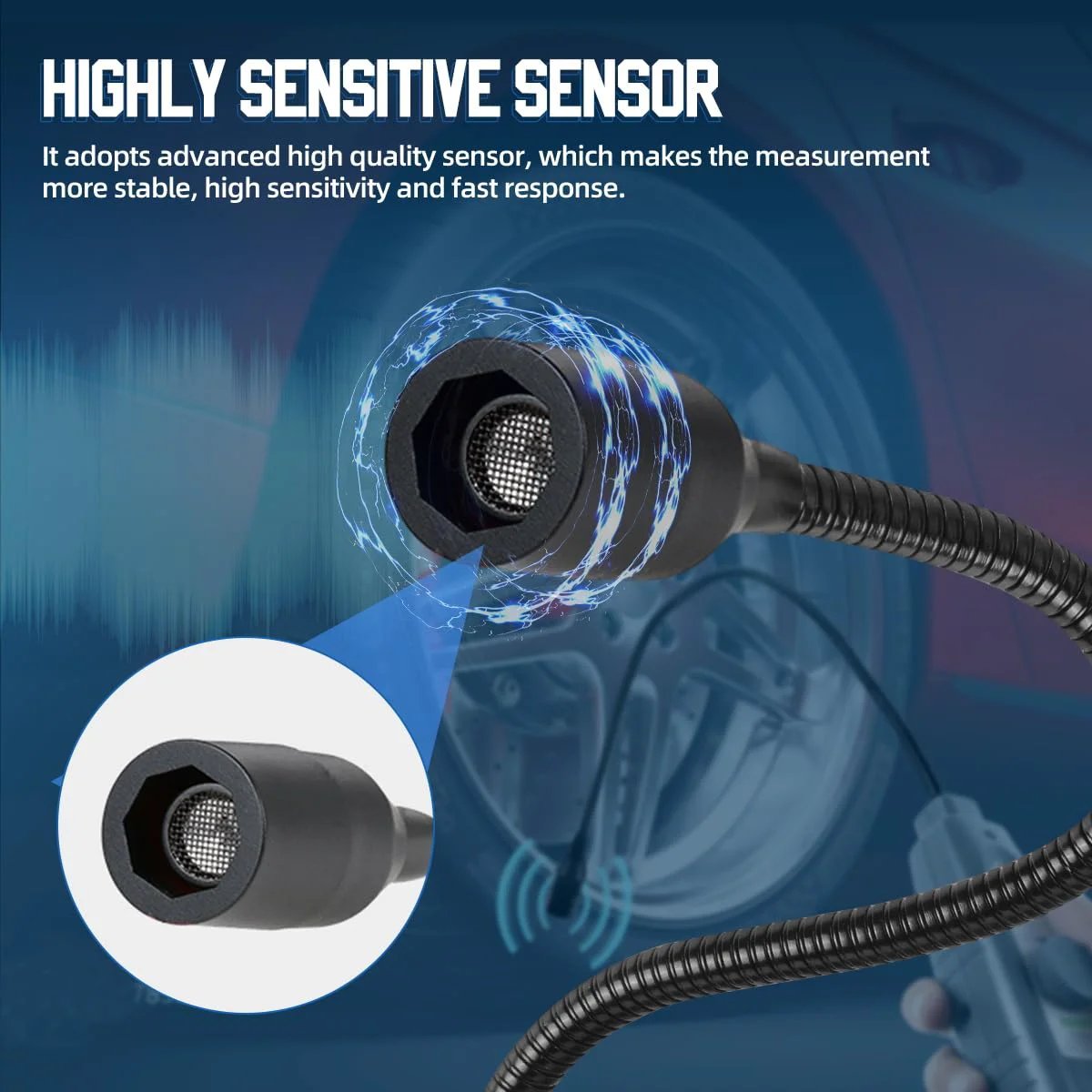 Close-up of the highly sensitive sensor of the Ultrasonic Leak Detector with Headphones for quick leak locating.