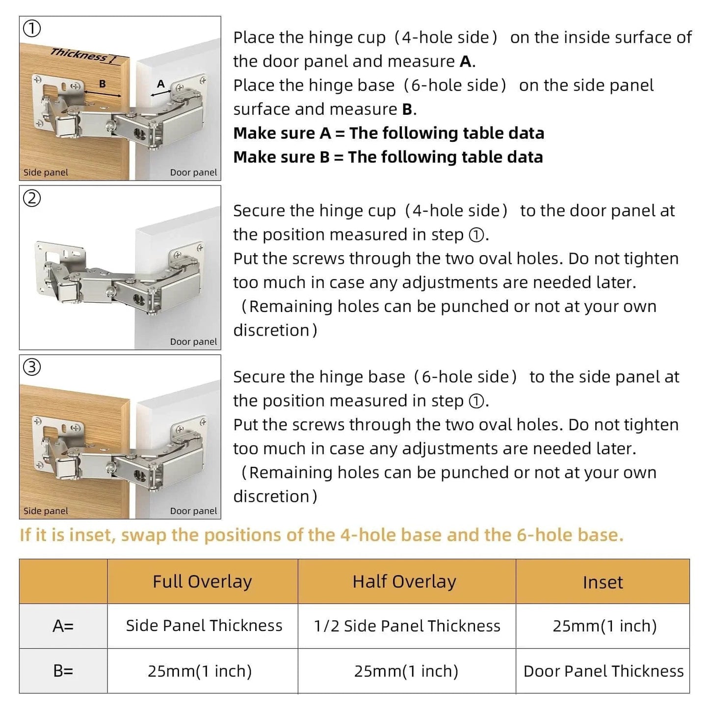 Installation guide for 1 Pair 170 Degree Frameless Soft Close Cabinet Hinges, showing step-by-step instructions and measurement details.