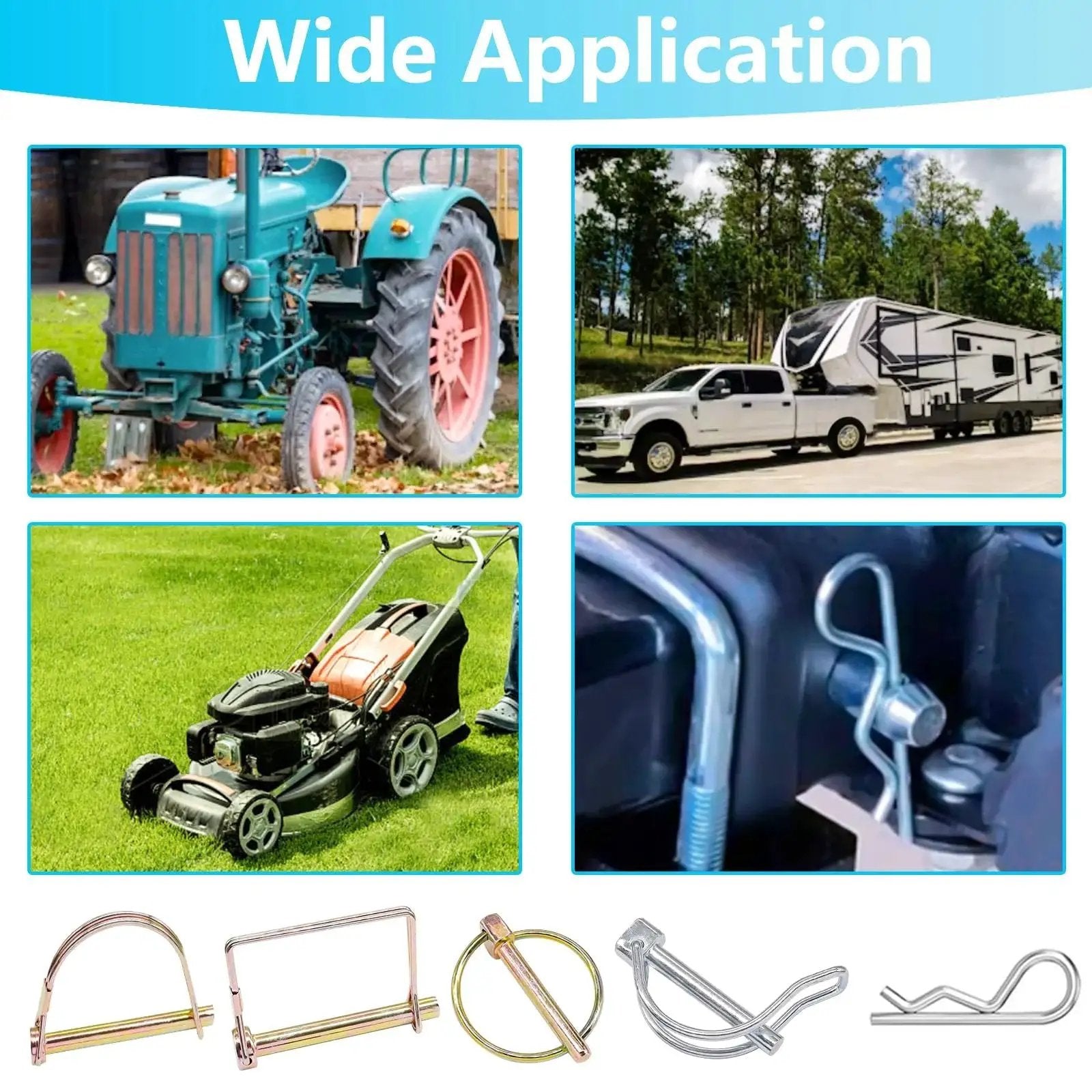 Heavy Duty Hitch Pin Kit 202 Pcs used on tractor, truck towing RV, lawn mower, with clip pins for trailer and garden gear.