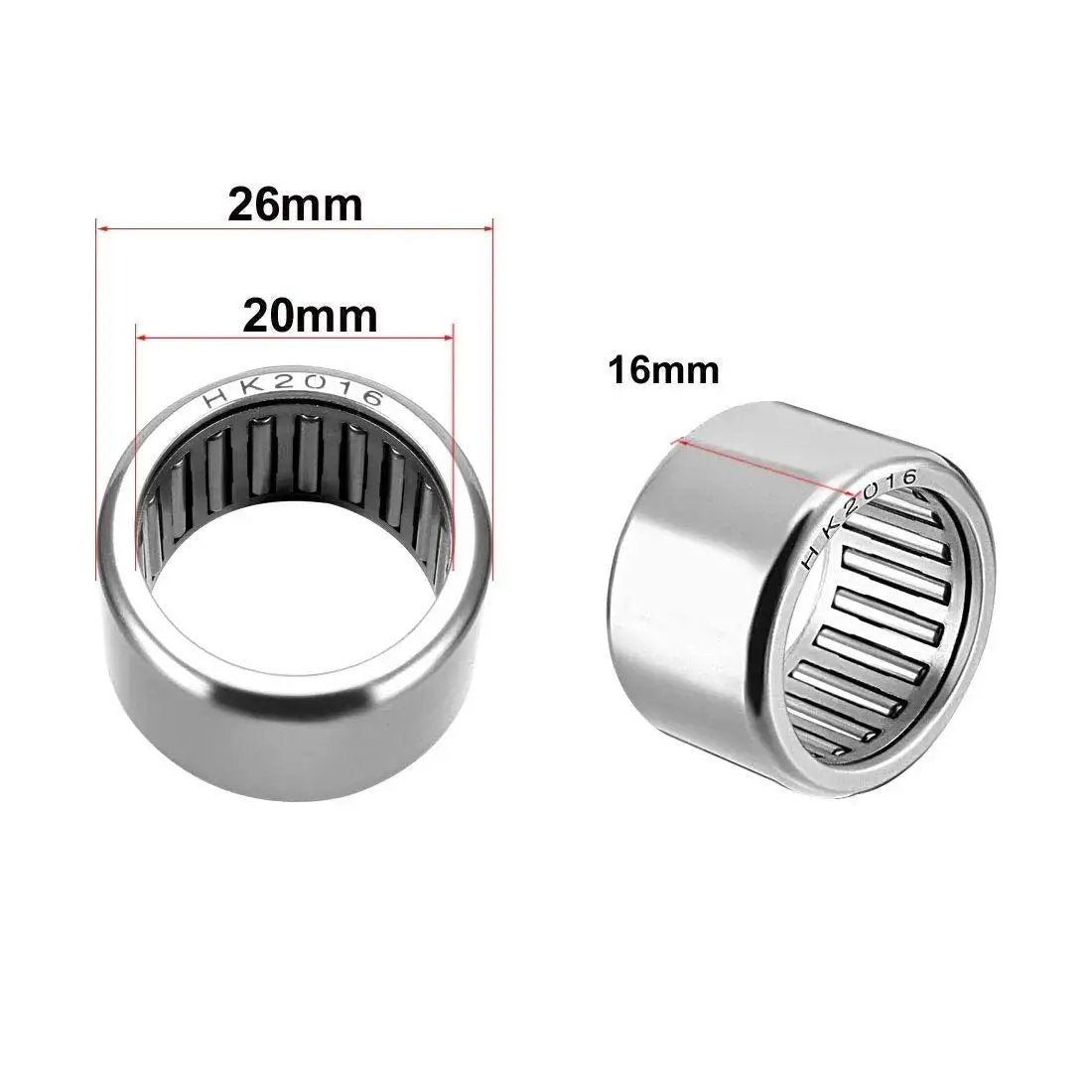Drawn Cup Needle Roller Bearings HK2016 open end, 20mm bore, 26mm outer diameter, 16mm width, high load capacity, close-up view.