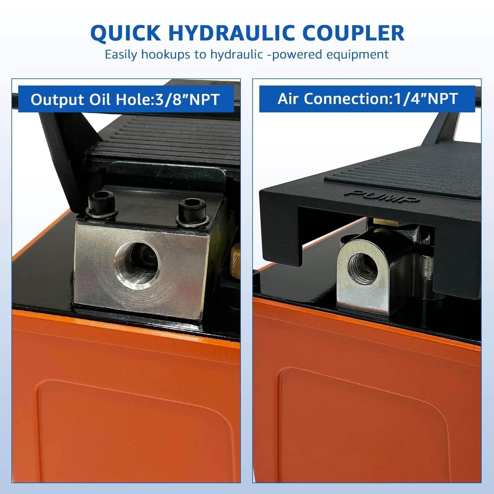 Detailed view of HKTE Air Hydraulic Pump connectors, showing output oil and air connection ports, pedal-activated, industrial grade.