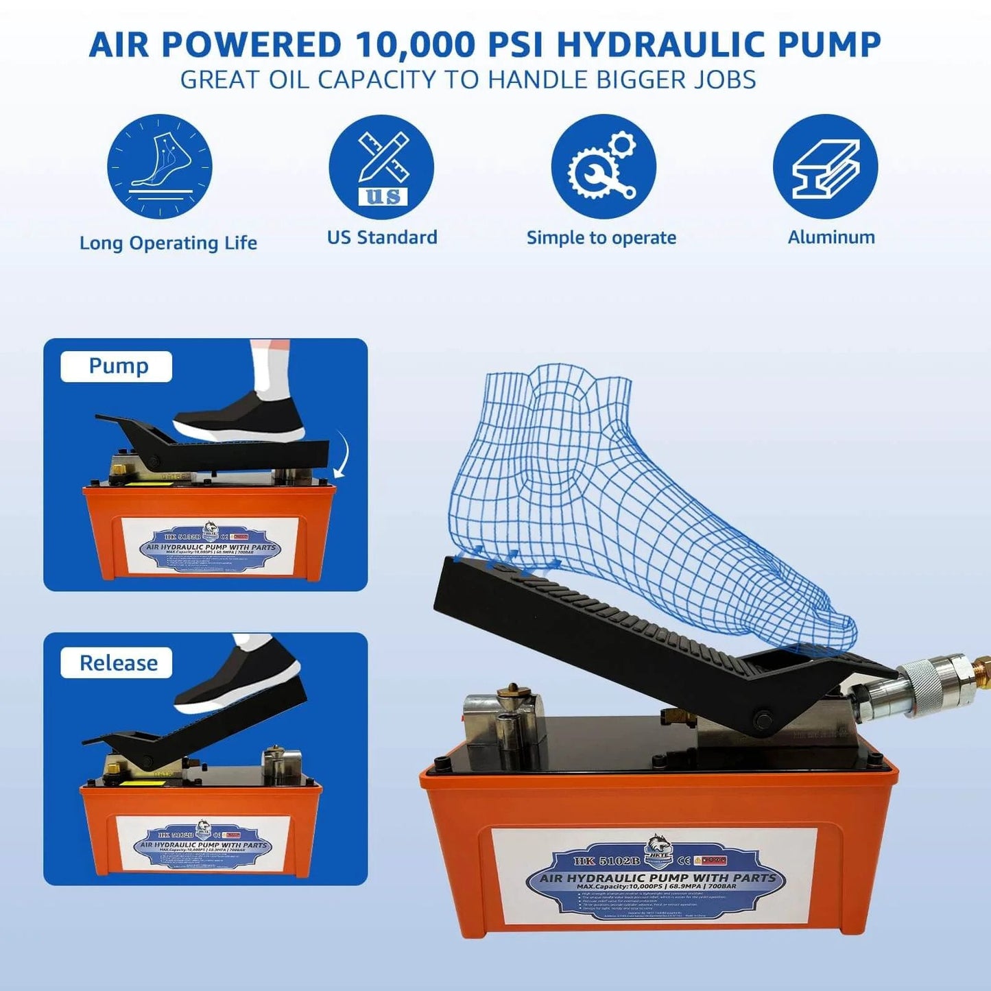Diagram of HKTE Air Hydraulic Pump, Pedal-Activated, High-Pressure 10K PSI, 0.5 Gallon Tank, with foot pedal operation illustration.