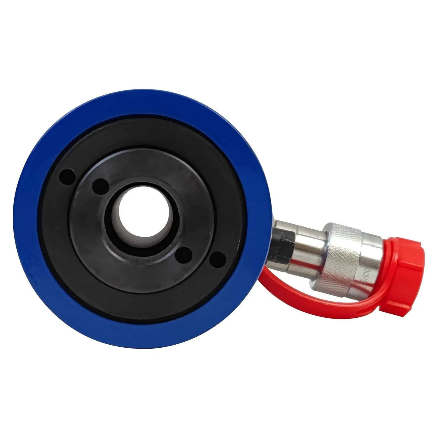 Front view of the 20 Ton Hollow Hydraulic Cylinder Jack with 4 inch stroke and quick coupler, black oxide high carbon steel shell.