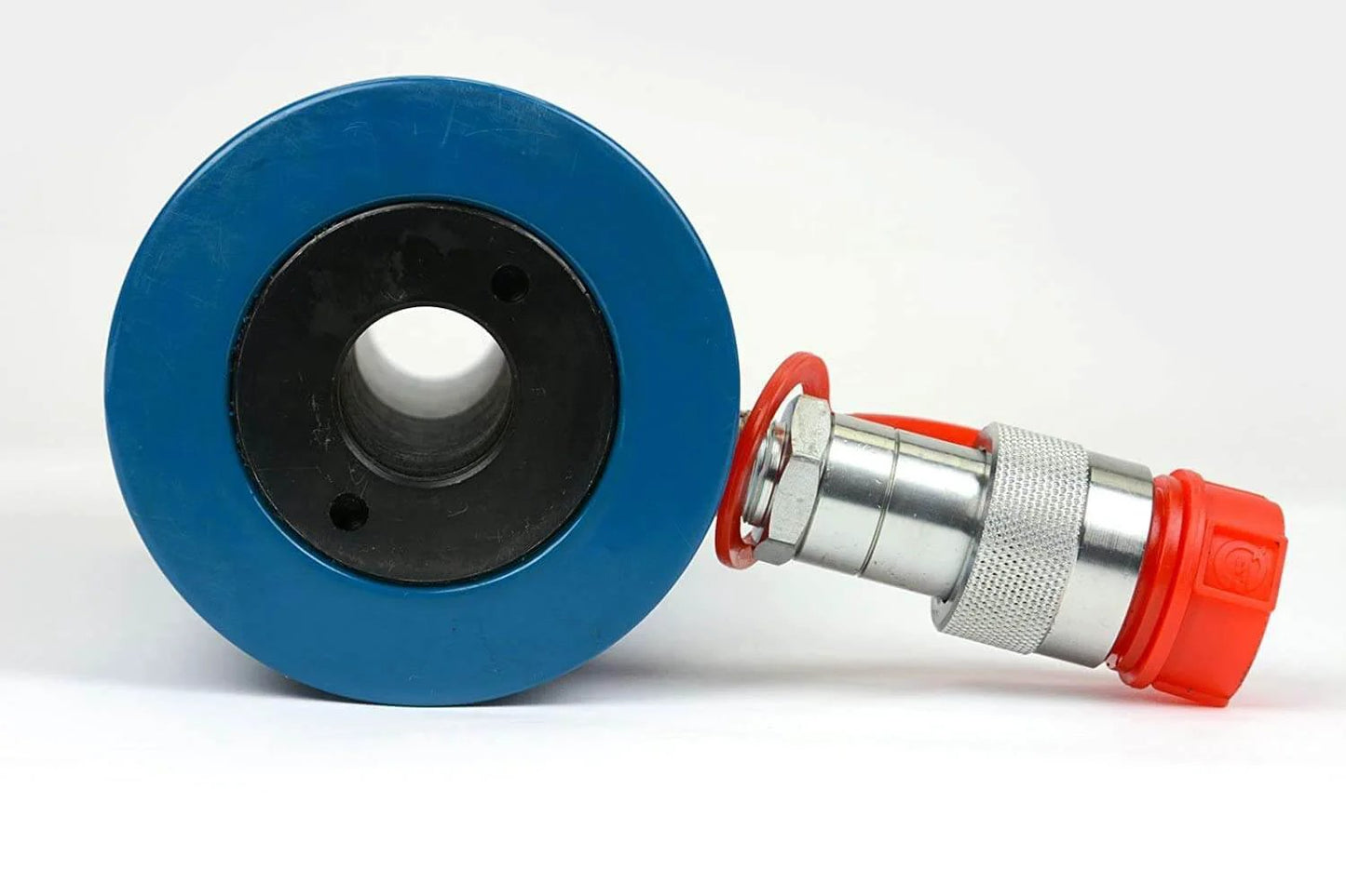 ✝️ Hollow Hydraulic Cylinder Ram 20 TON 4 Inch Stroke, close-up of hollow body and connector, hydraulic cylinder for equipment builds.