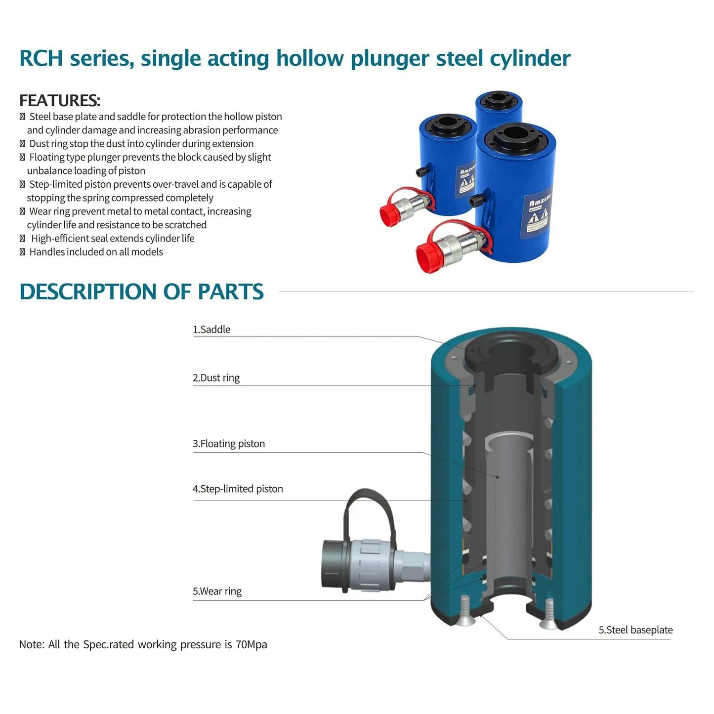 Diagram of 20 Ton Hollow Hydraulic Cylinder Jack With 4 Inch Stroke For Heavy Duty Lifting Single Acting Ram 10000 PSI Max, showing parts and features