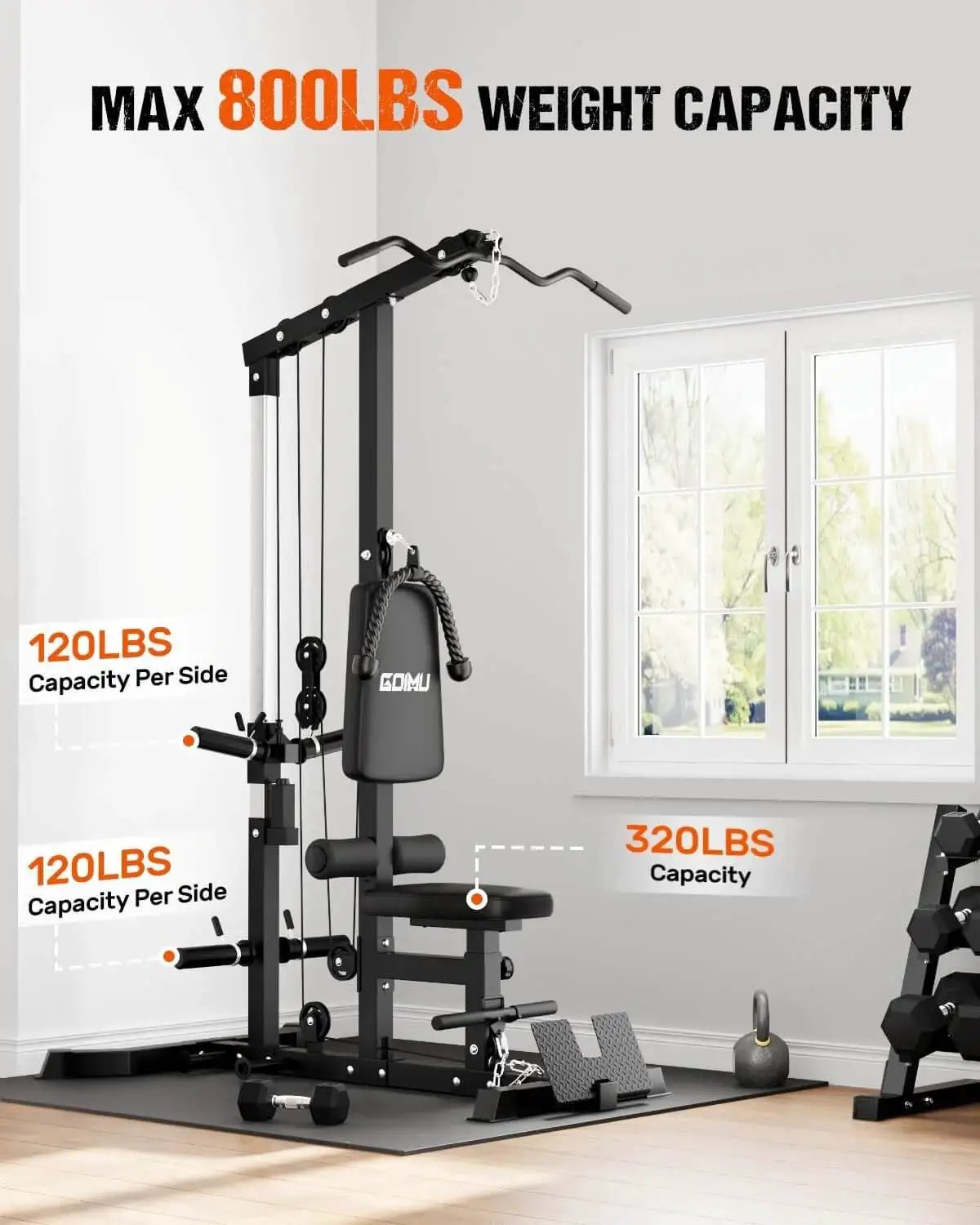 3 In 1 Pulley Station For Home Gym With Lat Pulldown Overhead Movements, Low Row And AB Crunch setup, 800 lbs max capacity
