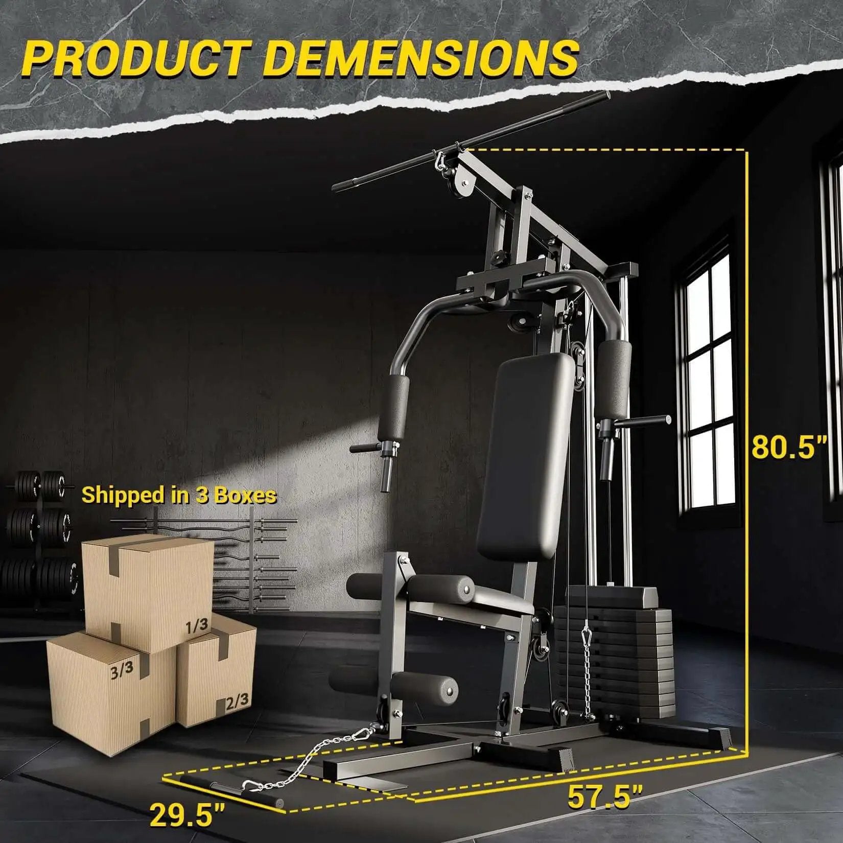Home Gym System With 100 Lbs Weight Stack Multifunctional Weight Machine dimensions and shipping boxes illustration