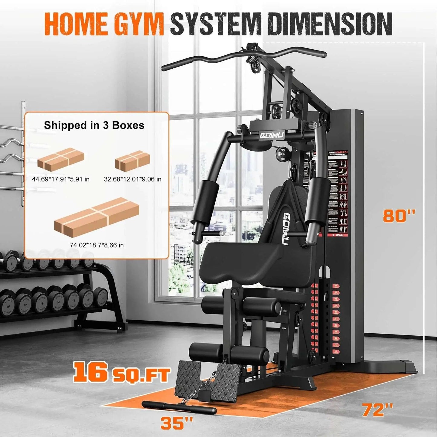 M1 Pro Workout Station with 140 lb Weight Stack, dimensions highlighted, multifunctional home gym system for strength training.