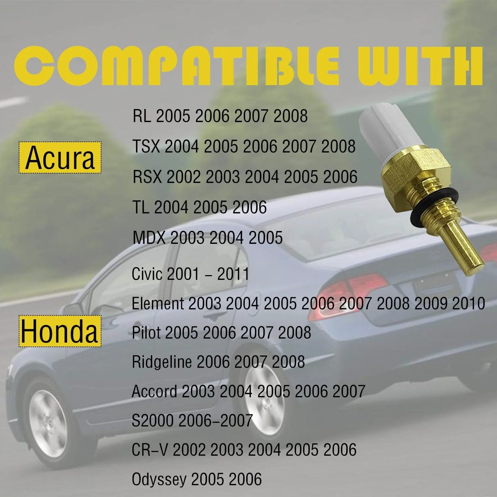 Direct Fit Coolant Temperature Sensor For Honda And Acura Cars High Quality Replacement For 2001 to 2011 Civic 2003 to 2007 Accord CR-V Element Pilot TSX S2000 Odyssey MDX TL RSX And More OEM Style Connector close-up view