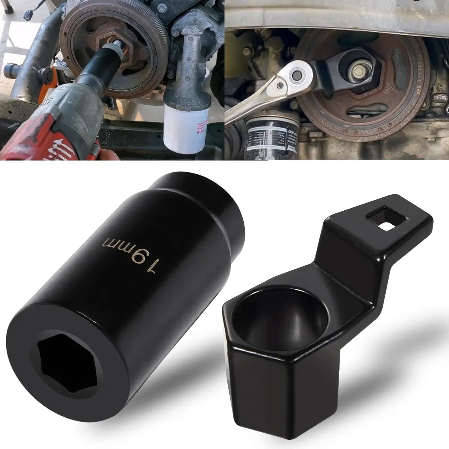 Crank Pulley Tool Kit For Honda And Acura With 19mm Harmonic Balancer Socket shown with 50mm Crankshaft Pulley Holder Wrench