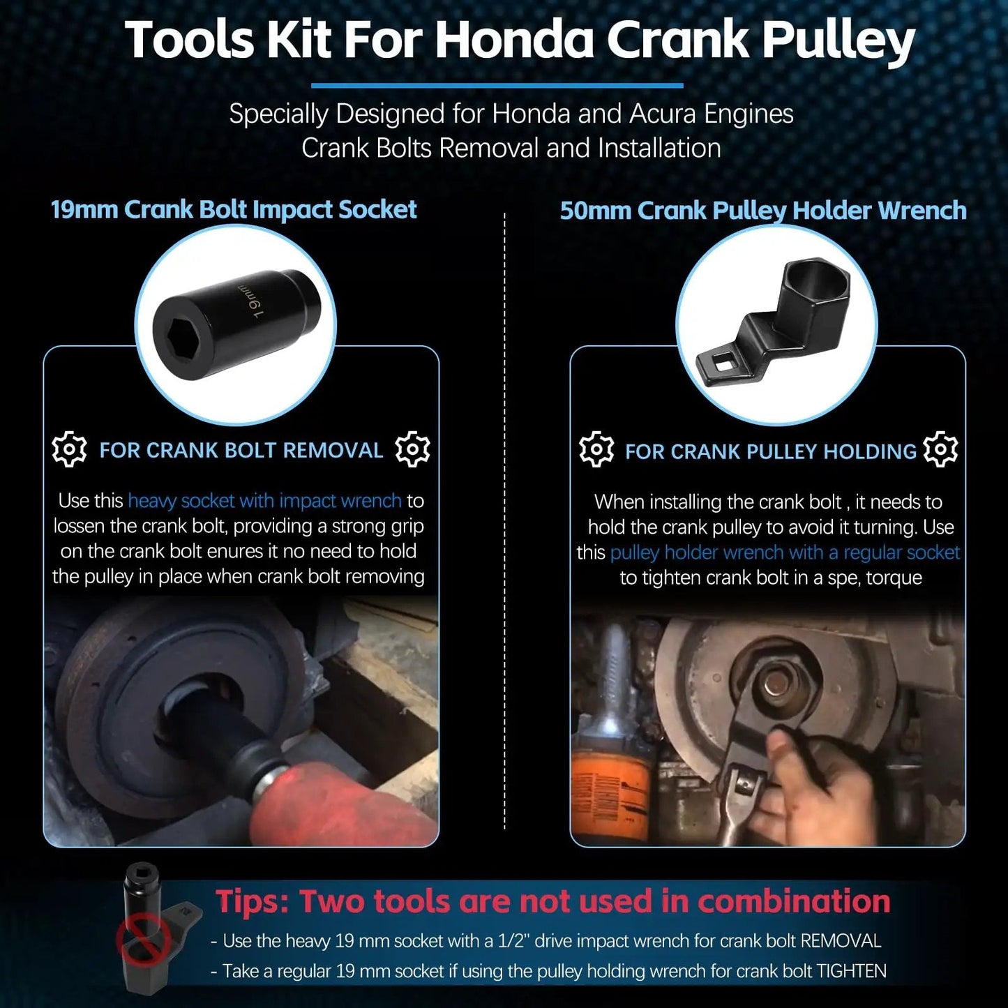 Crank Pulley Tool Kit For Honda And Acura With 19mm Harmonic Balancer Socket And 50mm Crankshaft Pulley Holder Wrench Pro Grade Deep Counter Weighted Socket Tools For Removal And Holding