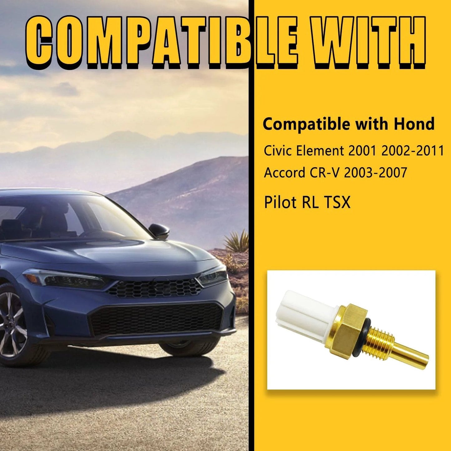 Engine Coolant Temperature Sensor For Honda Civic Accord CR-V Element Pilot Ridgeline TL TSX RL MDX Replacement Sensor Drop In Fit Compatible With OEM Numbers 37870PNA002 37870PNA003 37870-PLC-004 37870PLC004 close-up view of sensor with white connector.