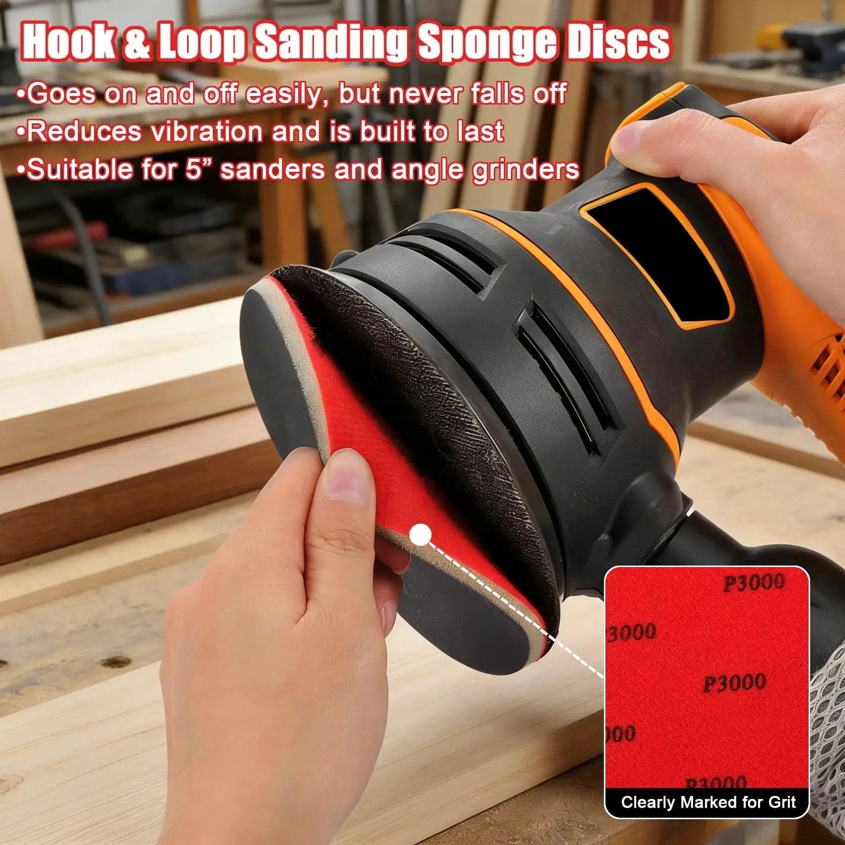 Five Inch Foam Sanding Pad Set 18 Pcs 180 3000 Grit For Wet Dry Orbital Sander attached to a sander, close-up view.