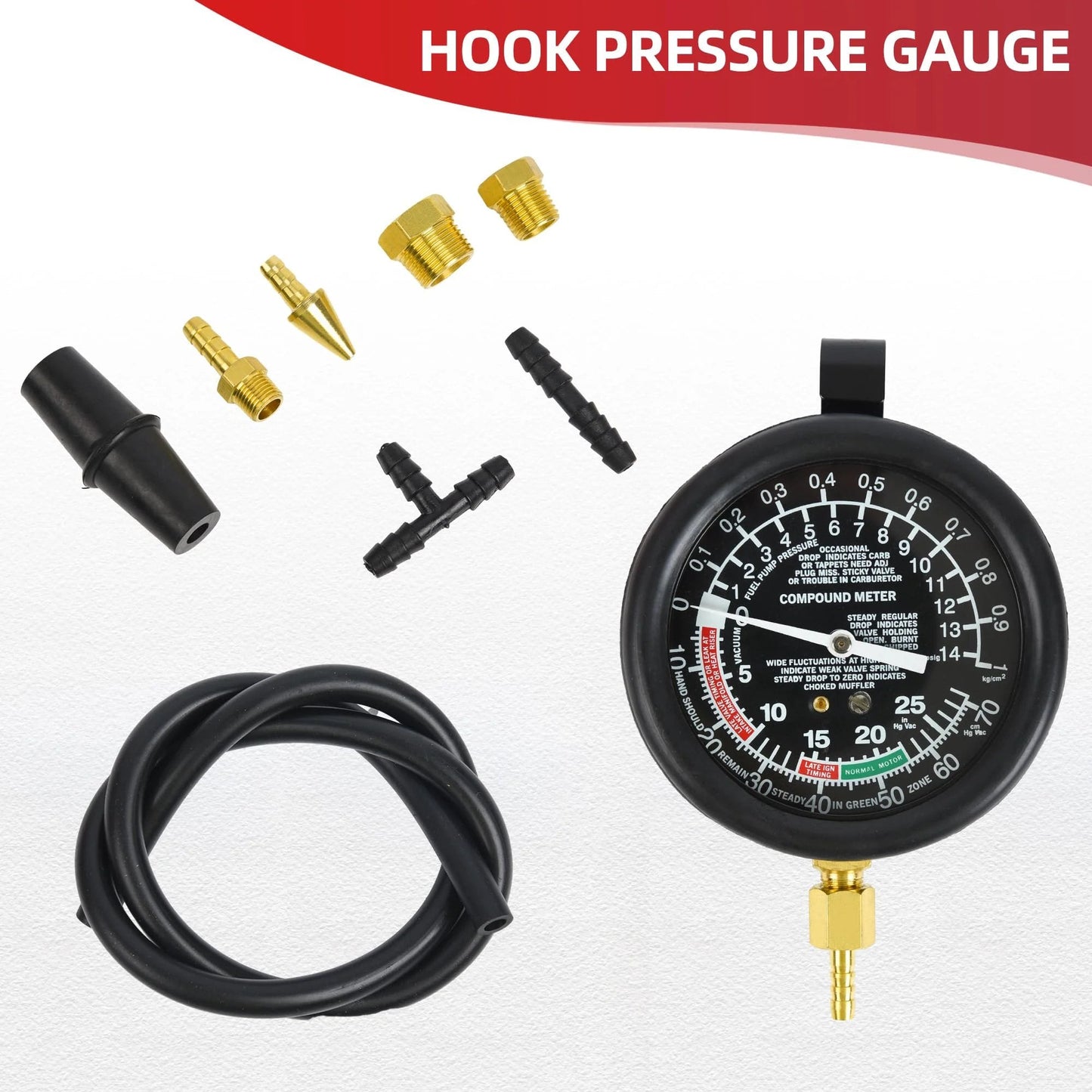 Fuel Pump Pressure and Vacuum Tester Kit for Carburetor and Intake Manifold Diagnosis, 4-inch gauge and assorted adapters.