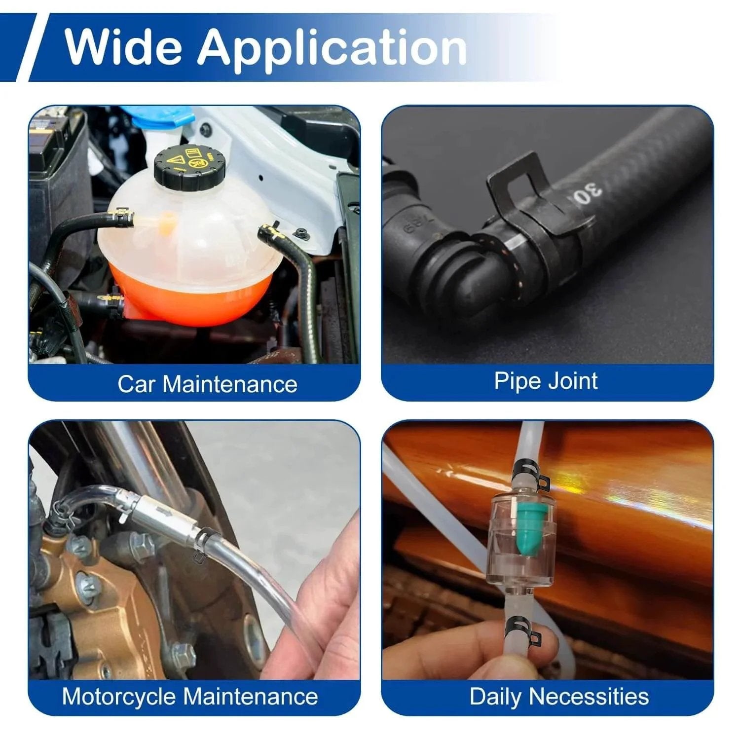 Wide applications of Sixty Piece Spring Band Hose Clamp Set With 12mm Inner Diameter for car, motorcycle, and pipe maintenance.