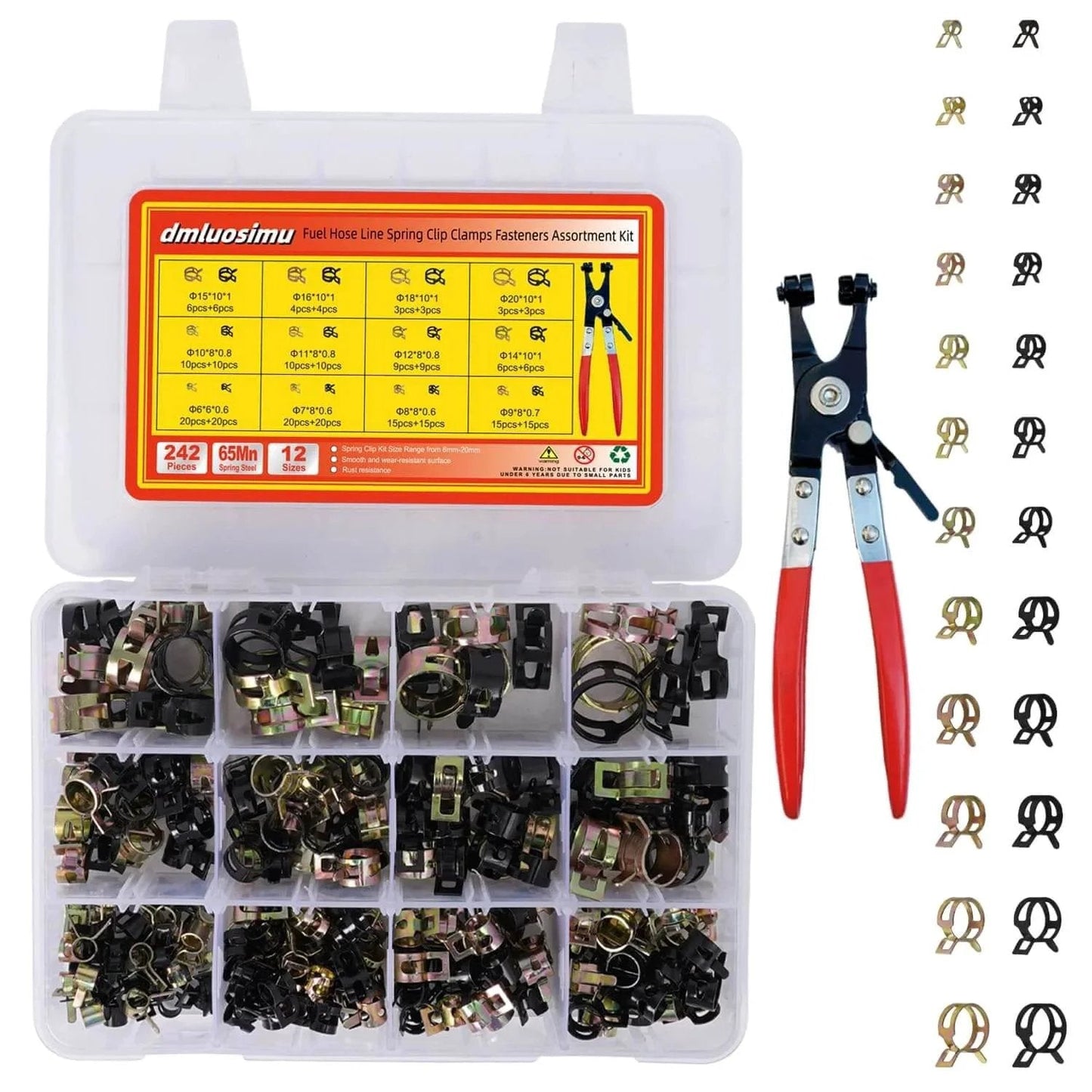 242 Piece Set Spring Band Hose Clamp Assortment Kit 6 To 25 Mm With Hose Clamp Pliers, Black and Color Zinc Plated Clips