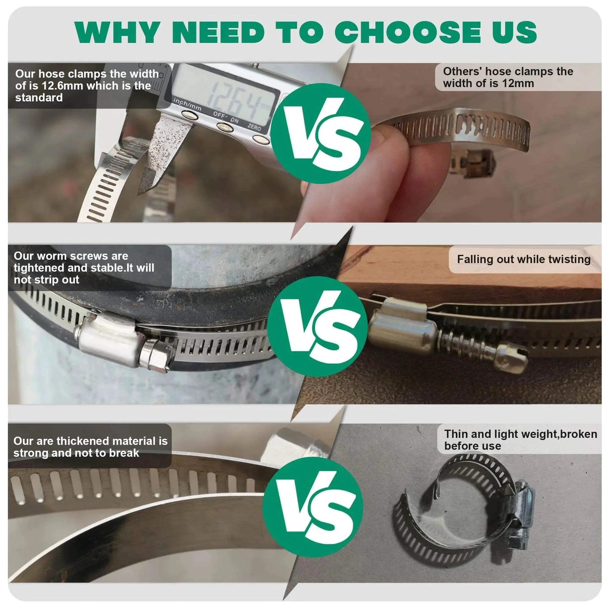 Comparison of hose clamps showing features of Large Ten Pack Stainless Steel Hose Clamps Two And A Half Inch Adjustable Worm Gear Duct Clamps For Radiator Dryer Vent Hose Fuel Line And Automotive Use Fits Forty Six To Seventy Millimeter Outer Diameter