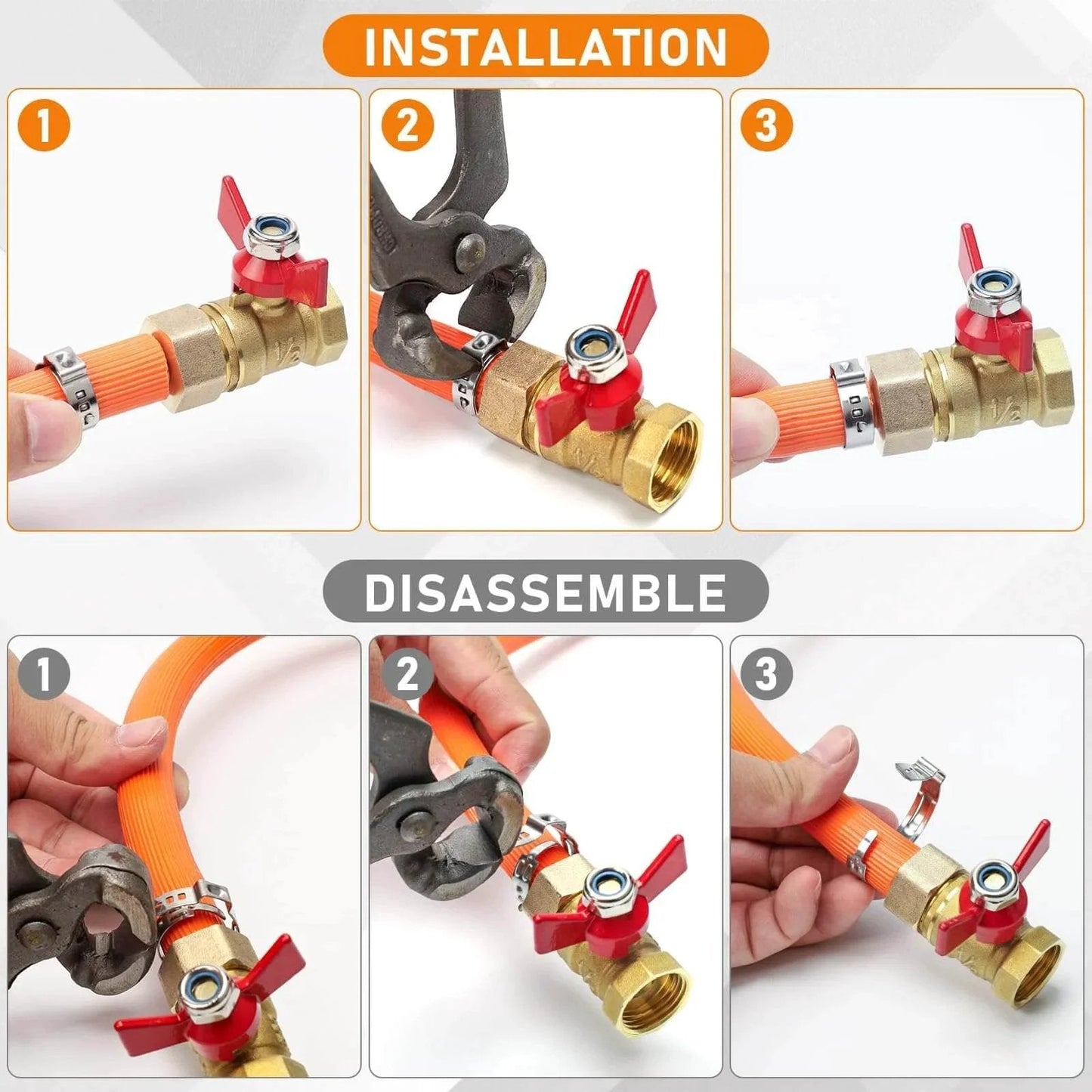 Steps showing installation and disassembly of 117 Piece 16 Size Single Ear Hose Clamp Kit In 304 Stainless Steel for plumbing.