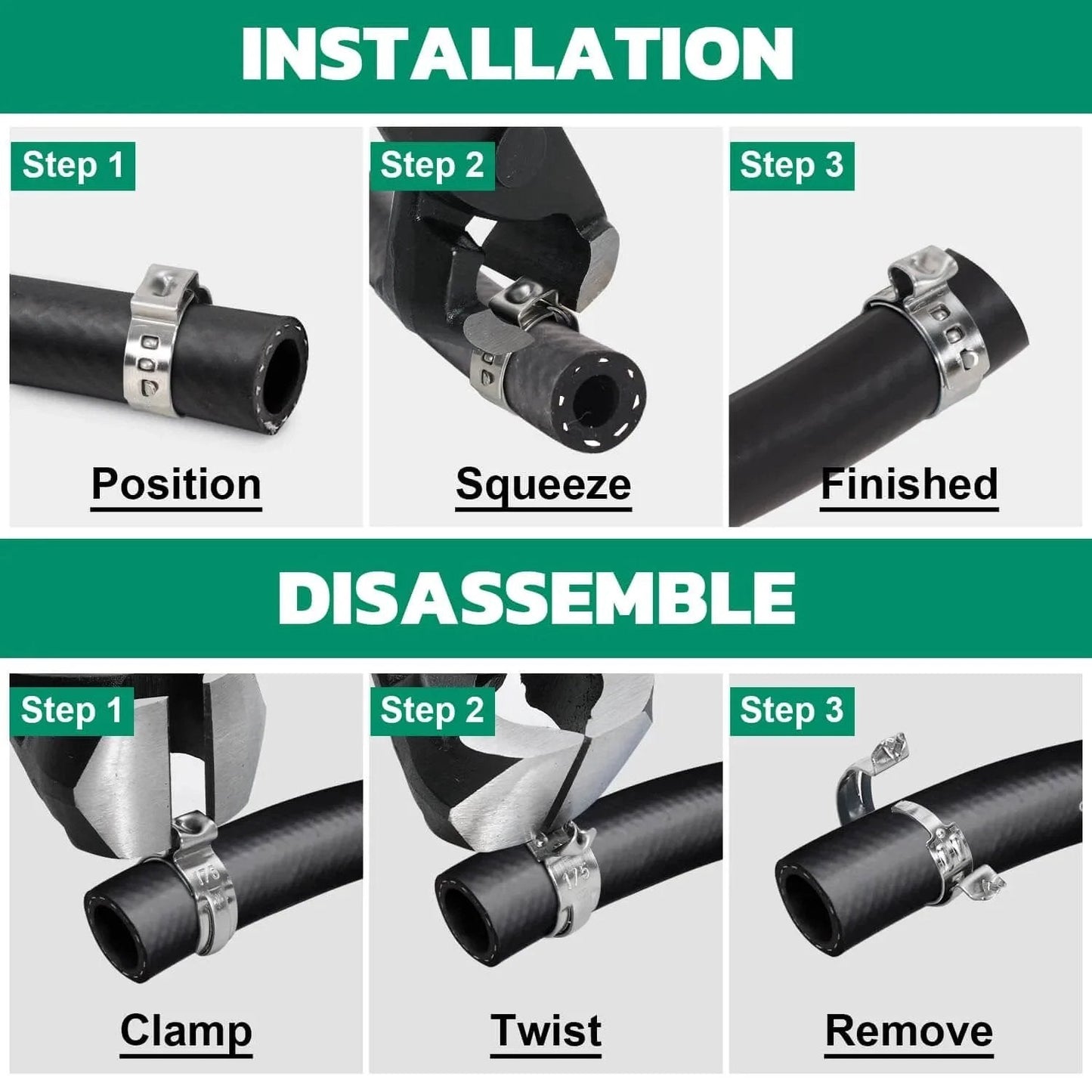 Installation and disassembly process of 50 Pieces Single Ear Hose Clamps 15.3 To 18.5 Mm 304 Stainless Steel Stepless Adjustable Cinch Clamps.