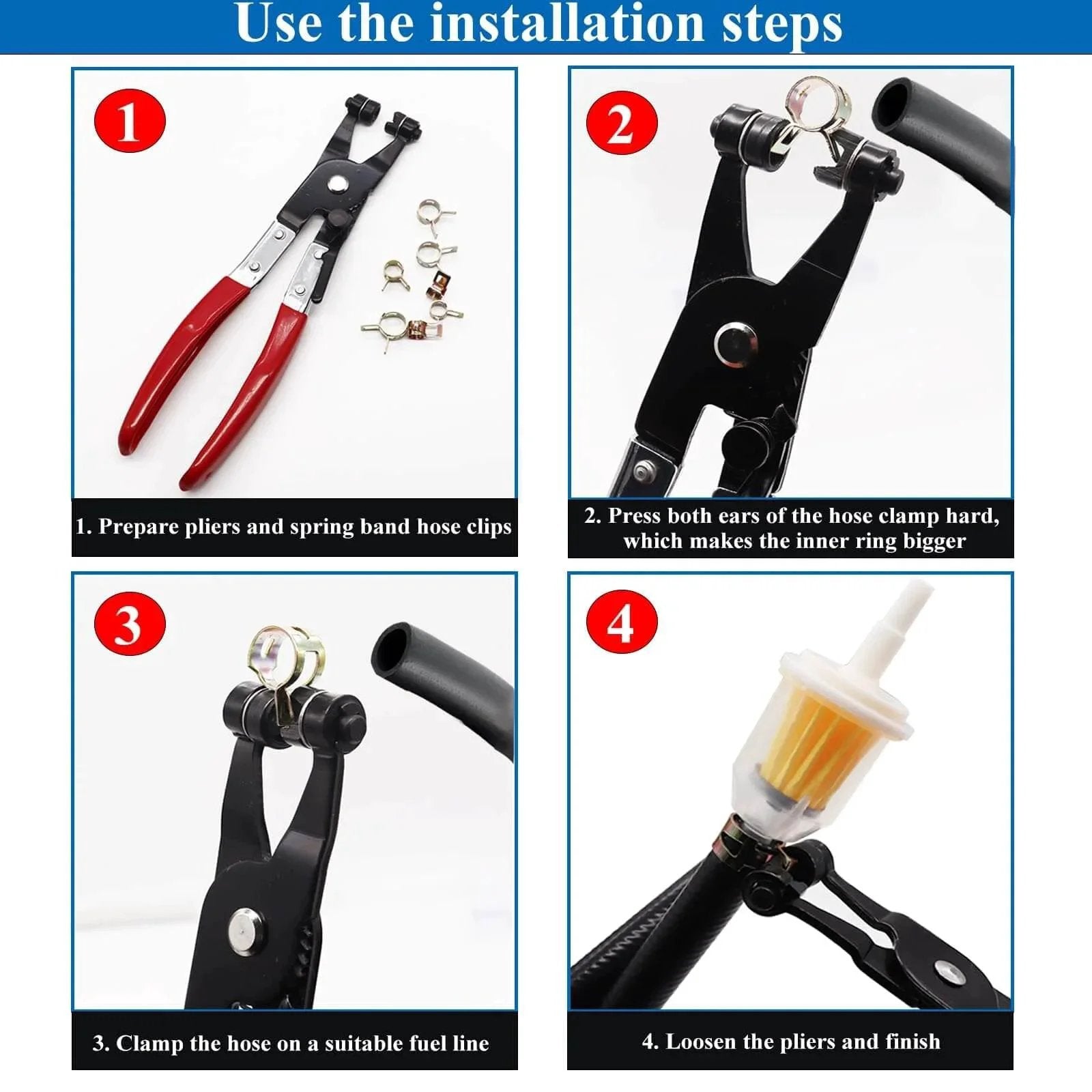 Installation steps for using spring band hose clamps with pliers for automotive fuel lines