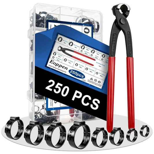 250 Pack Hose Clamp Kit With 14 Sizes 5.3 To 33.1 Mm Single Ear Stainless Steel 304 Black Finish Includes Ear Clamp Pliers