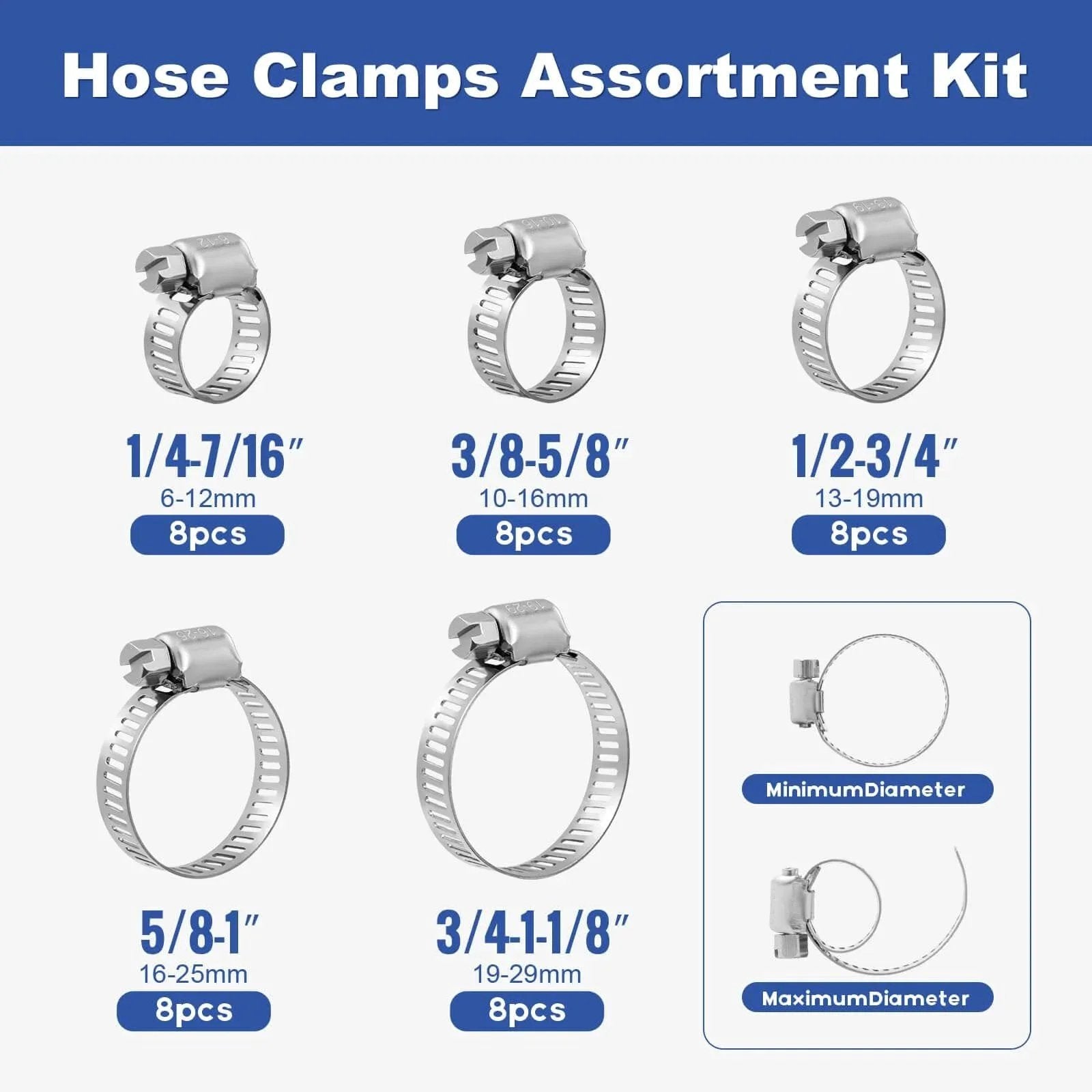 40 Piece Hose Clamp Set With 304 Stainless Steel Assortment From One Quarter Inch To One And One Eighth Inch Small Worm Gear Clamps Kit