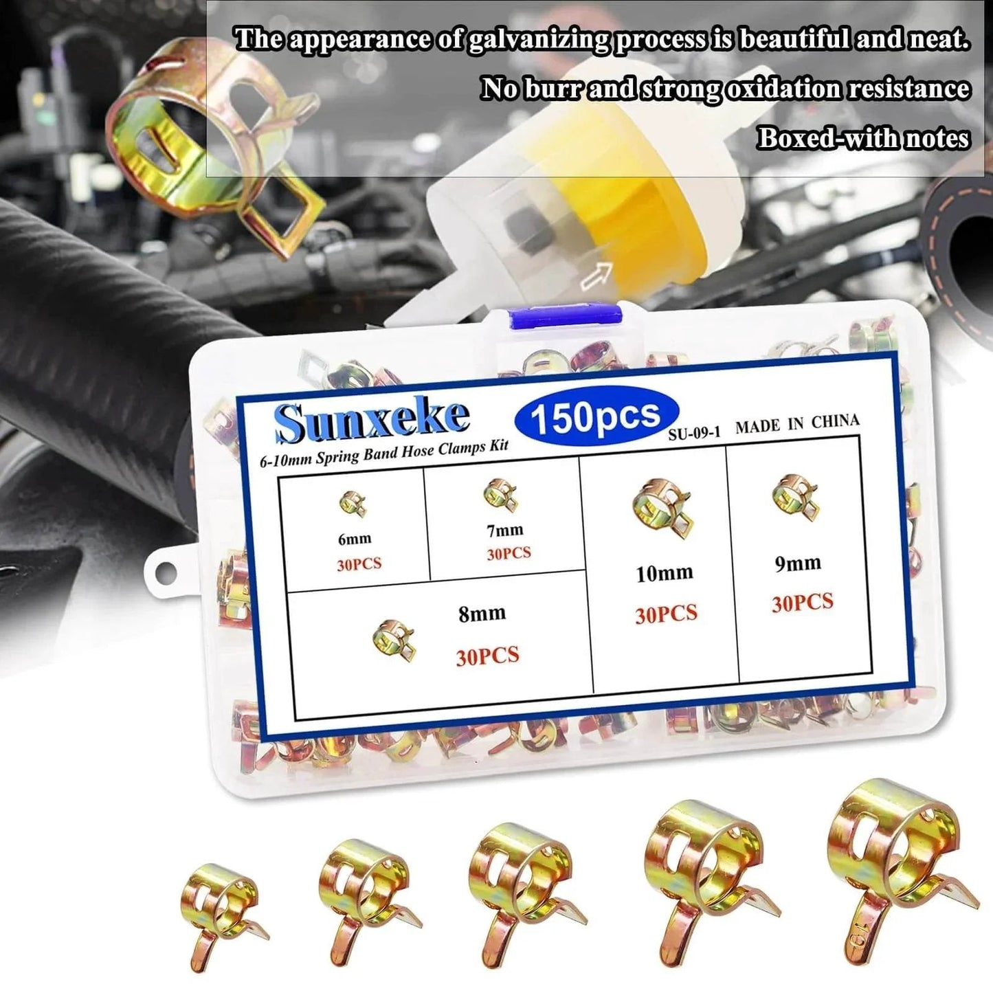 150 Pcs Spring Band Hose Clamps Assortment Kit With Five Sizes 6Mm 7Mm 8Mm 9Mm And 10Mm displayed in labeled case