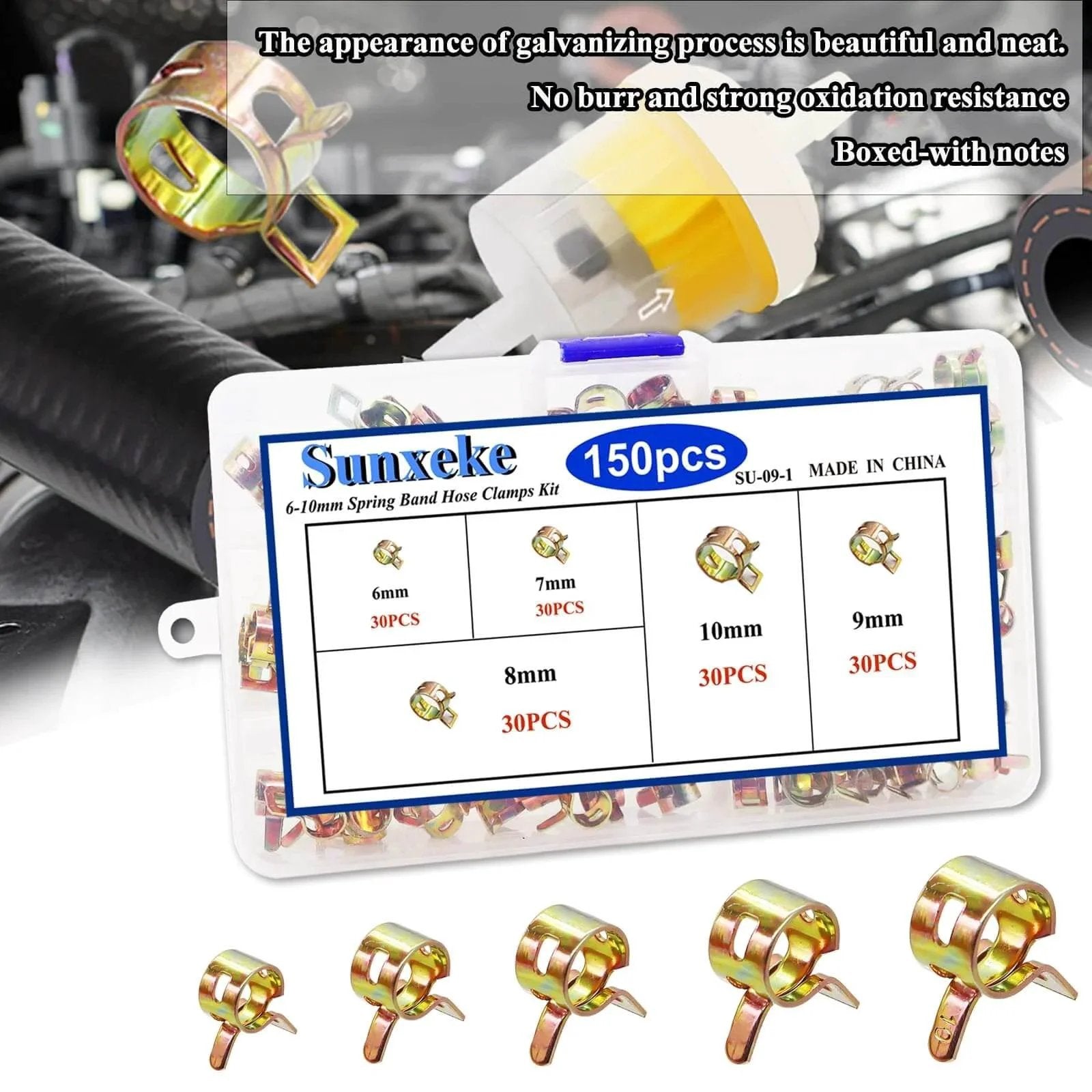 150 Pcs Spring Band Hose Clamps Assortment Kit With Five Sizes 6Mm 7Mm 8Mm 9Mm And 10Mm displayed in labeled case
