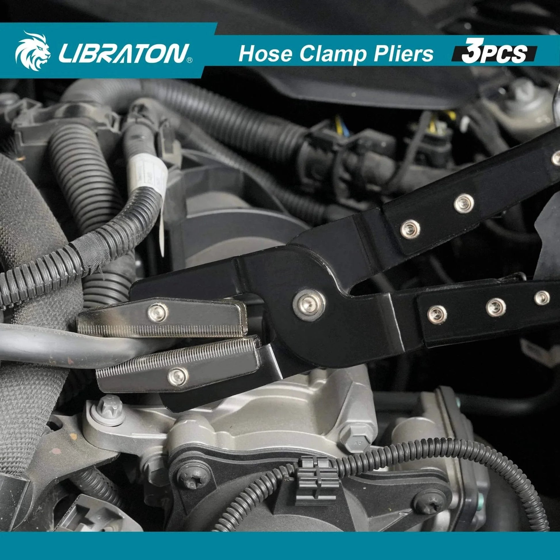 Hose Clamp Pliers Set 3 Piece Ratchet Hose Pliers For Automotive Fuel And Radiator Hoses in use on engine