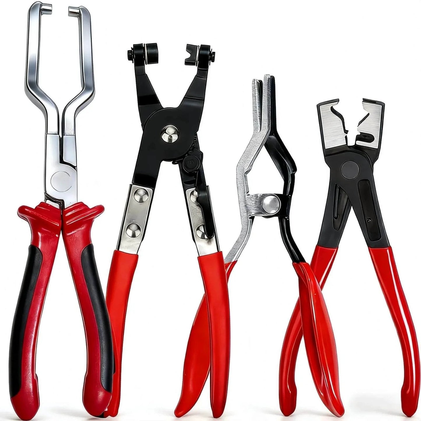 Professional Hose Clamp Pliers Kit 4 Pcs Includes Disconnecting Pliers Crimping Pliers Cutting Pliers And Wire Strippers For Tackle Wiring Electrical Repairs Auto Maintenance DIY Car Enthusiasts And Pros. Red and black pliers tools arranged vertically.