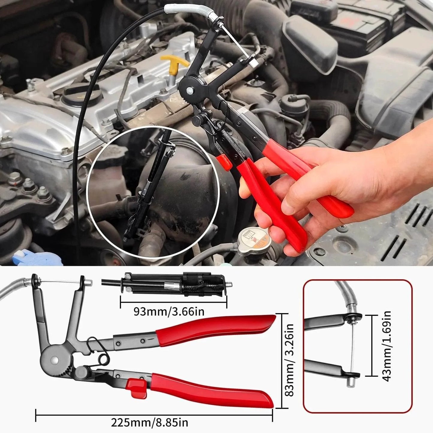 WiseUp 4 Piece Hose Clamp Pliers Set Including 27 Inch Long Reach Spring Clamp Pliers in use on car engine hoses.