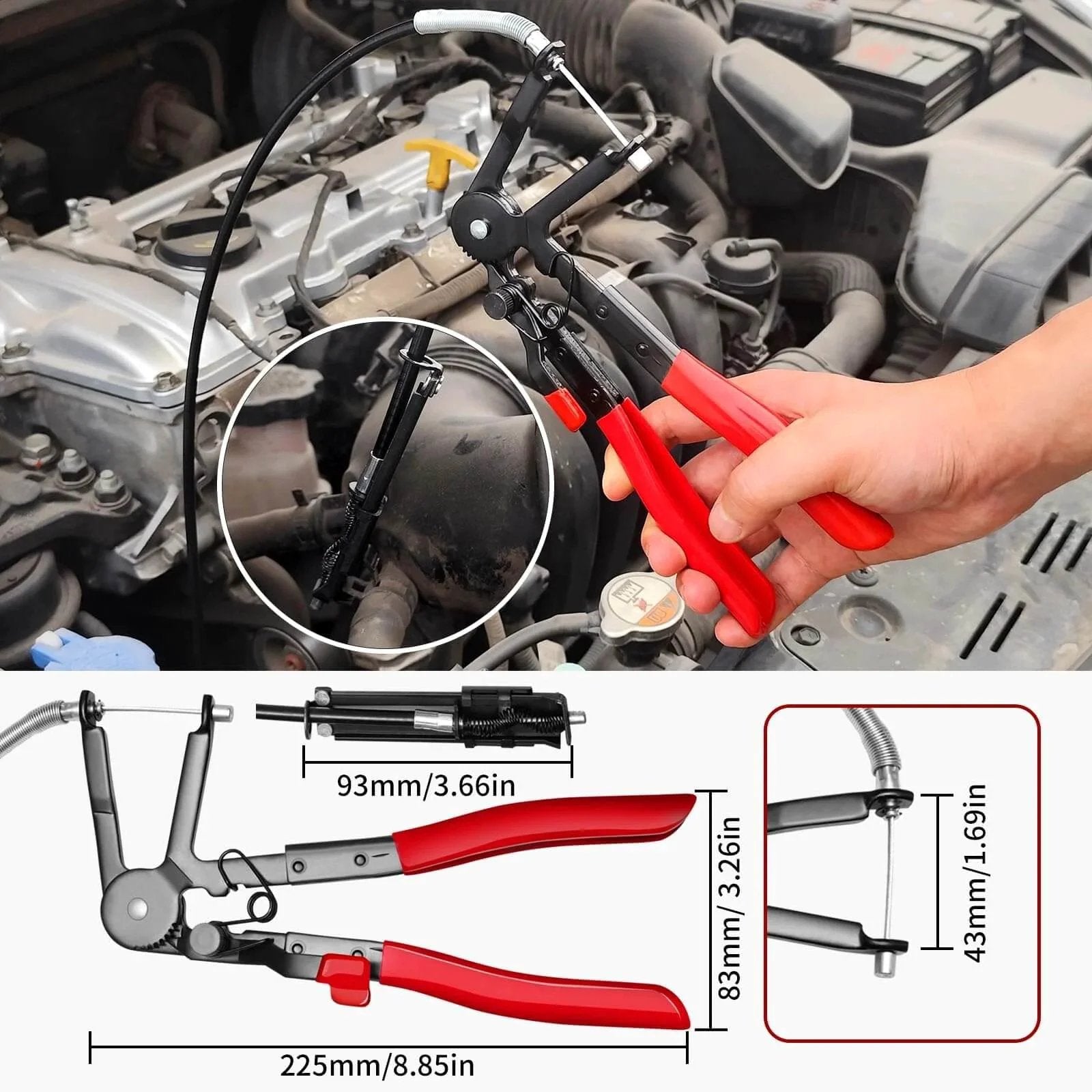 WiseUp 4 Piece Hose Clamp Pliers Set Including 27 Inch Long Reach Spring Clamp Pliers in use on car engine hoses.