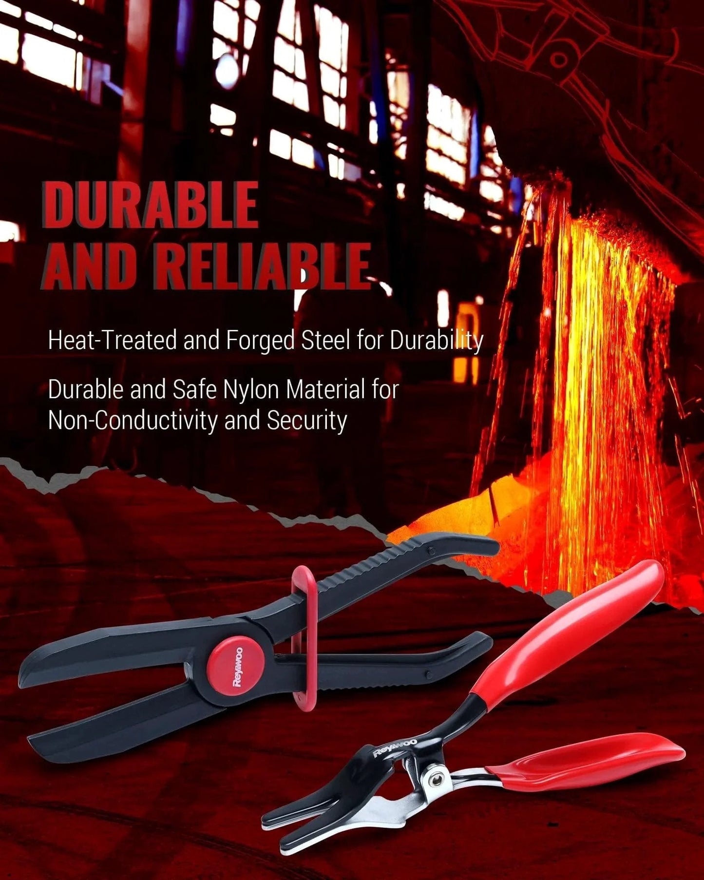 8 Piece Hose Clamp Pliers Set With Hose Pinch Off And Hose Removal Pliers For Fuel Line Brake Line Radiator Hose And Gas Line Repair And Maintenance shown with background of molten metal.