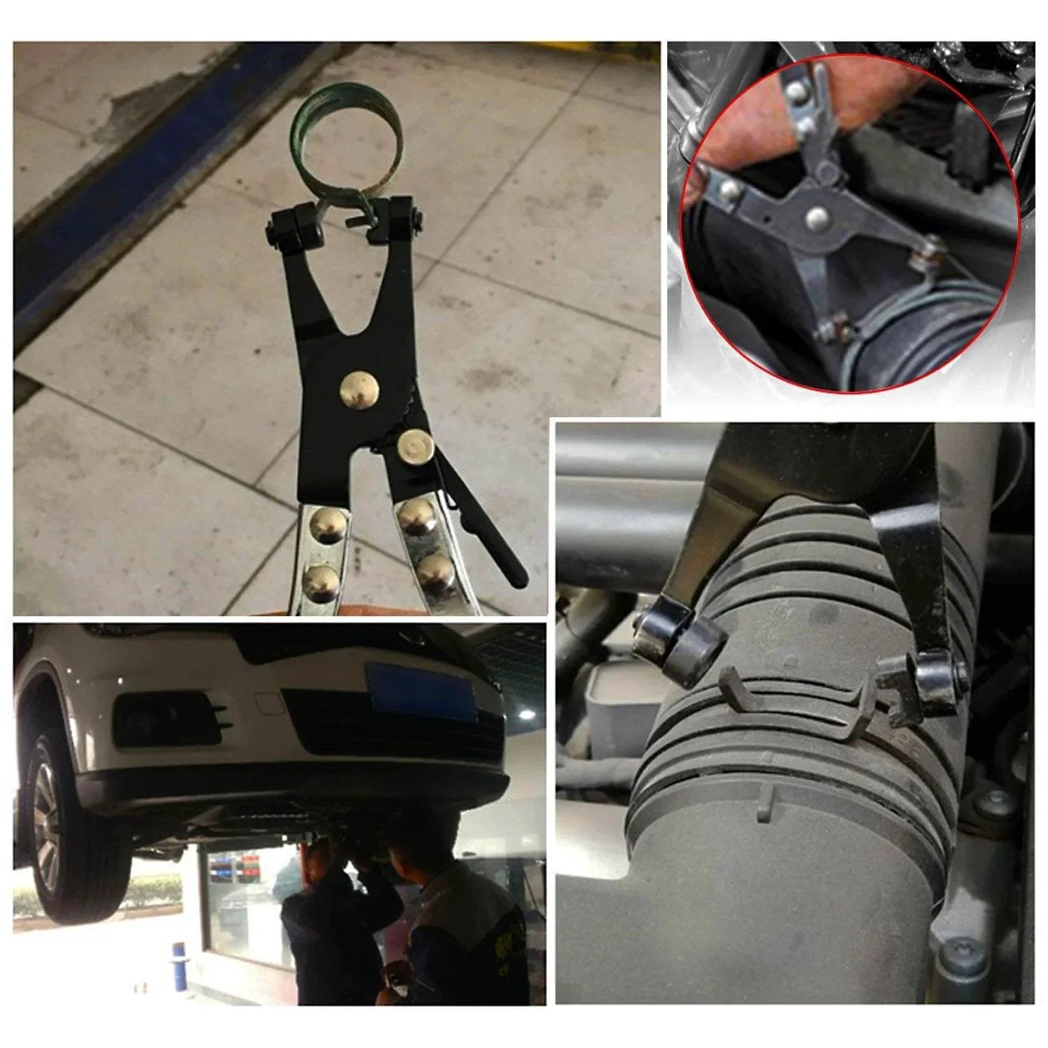 Professional Heavy Duty Hose Clamp Pliers Repair Tool With Swivel Head For Easy Removal And Installation Of Ring Type And Flat Band Hose Clamps High Carbon Steel Construction With Double Dipped Rubber Handles For Maximum Grip shown in various use cases