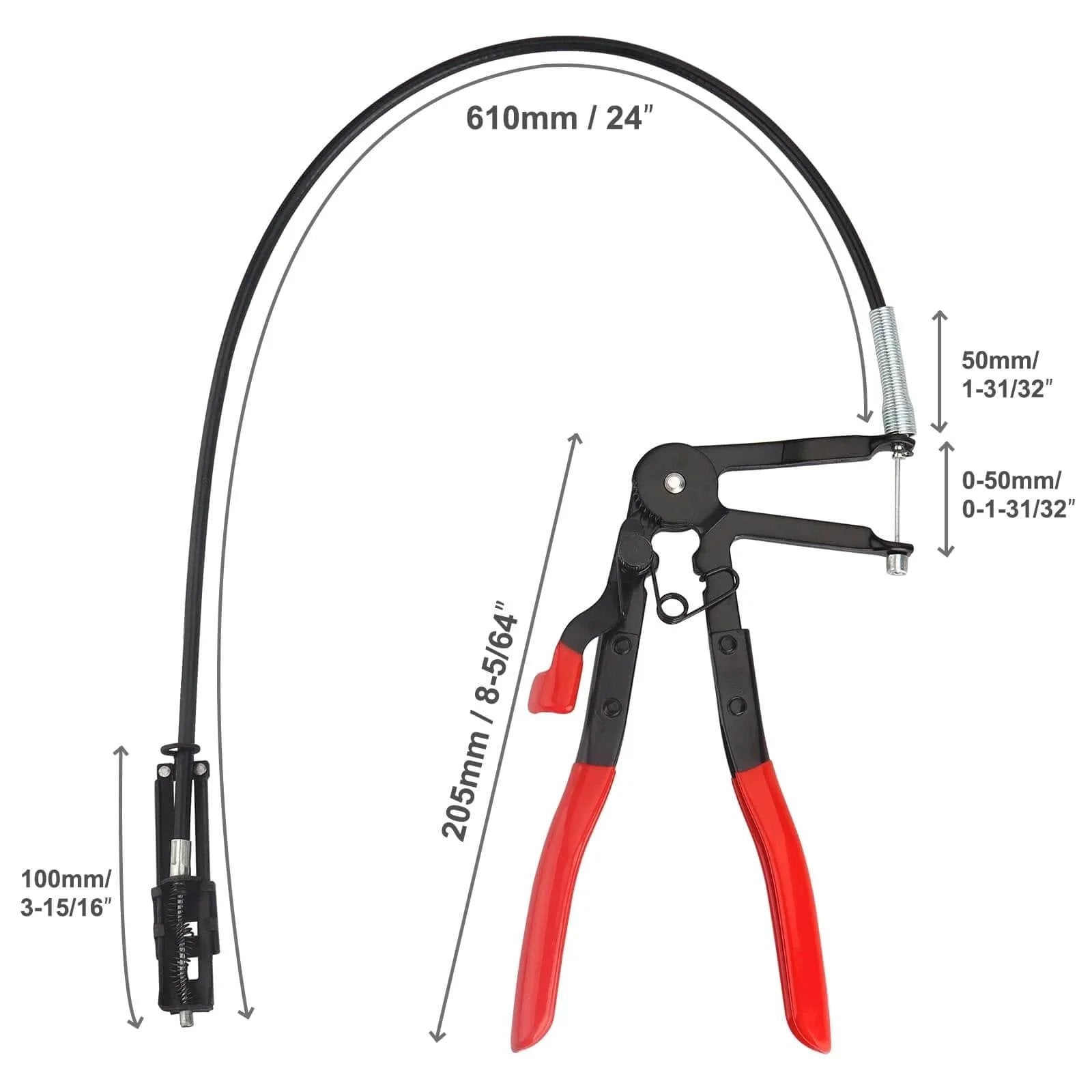 Hose Clamp Pliers Tool For Removing And Installing Flat Hose Clamps And Spring Clamps With Cable, red ergonomic handles, 610mm cable.