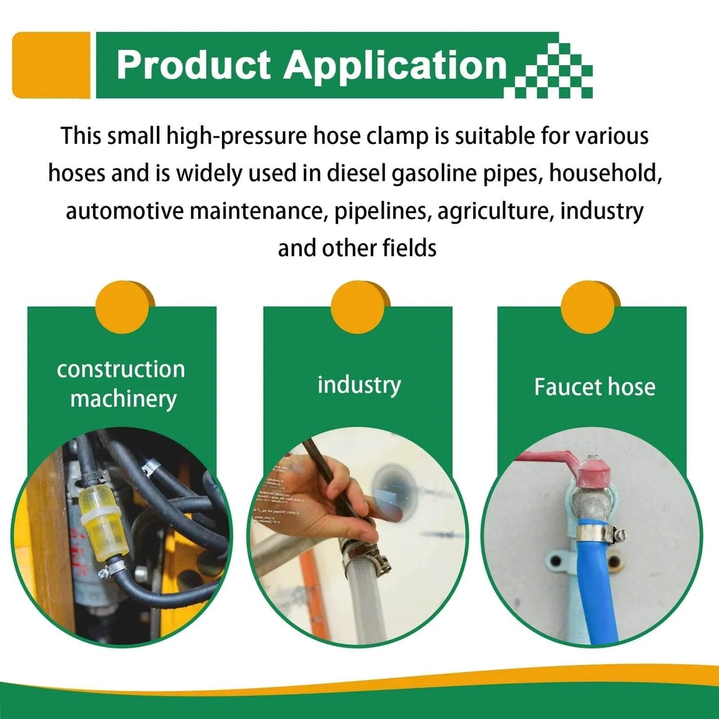 Product application of 34 Piece Worm Gear Hose Clamp Kit 8 To 18mm Range In Five Sizes, showing construction, industry, and faucet use.