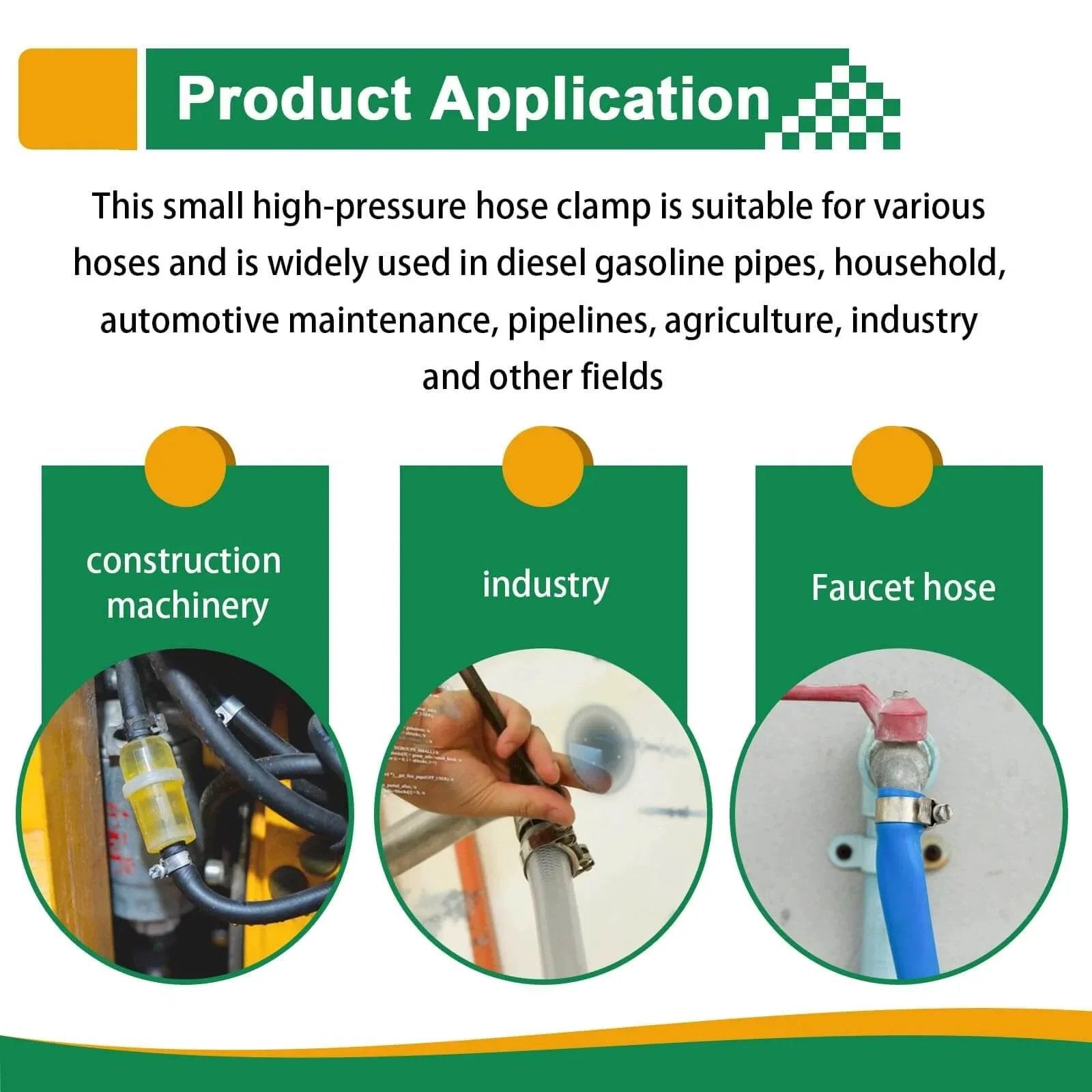 Product application of 34 Piece Worm Gear Hose Clamp Kit 8 To 18mm Range In Five Sizes, showing construction, industry, and faucet use.
