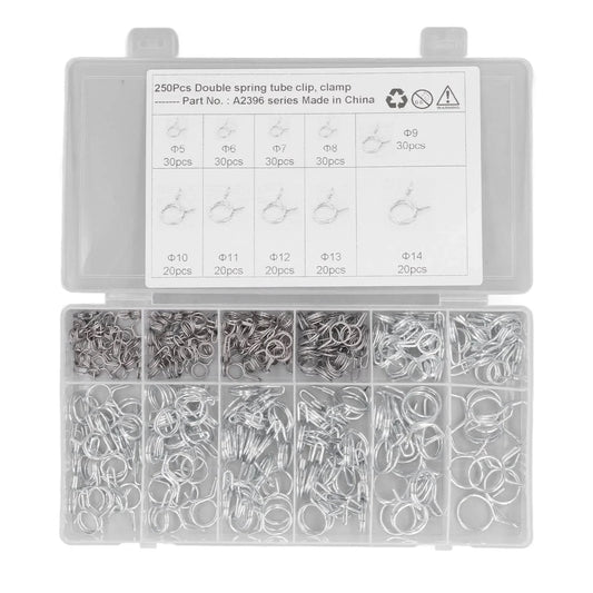 250 Piece Hose Tube Spring Clips Set Double Wire Hose Clamps 5mm To 14mm For Air Water And Silicone Hoses Irrigation Applications High Capacity Box With 10 Sizes