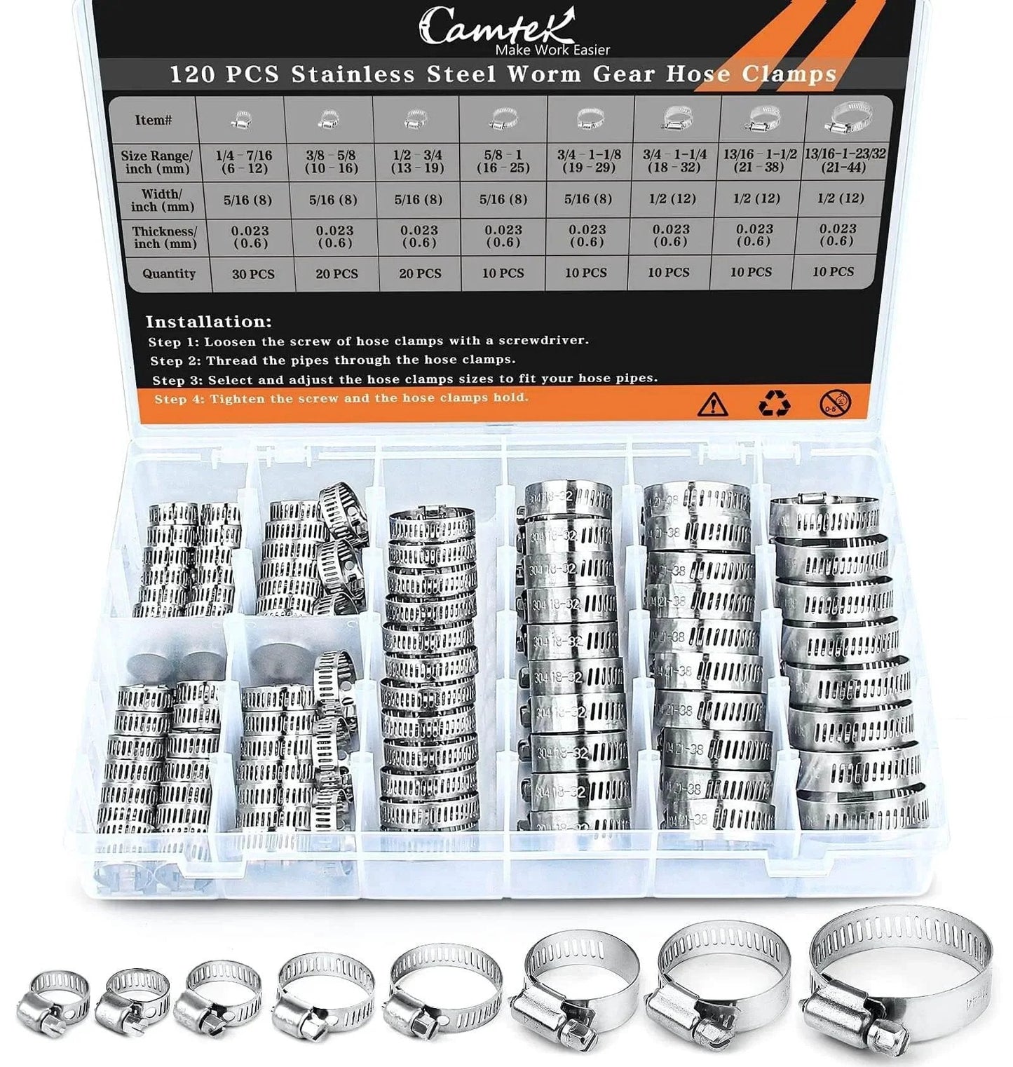 120 Piece Hose Clamp Set Camtek Stainless Steel Adjustable Worm Gear Clamp 6 to 44 mm Range Duct Pipe Fuel Line Clamp assortment kit
