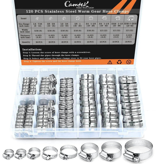 120 Piece Hose Clamp Set Camtek Stainless Steel Adjustable Worm Gear Clamp 6 to 44 mm Range Duct Pipe Fuel Line Clamp assortment kit